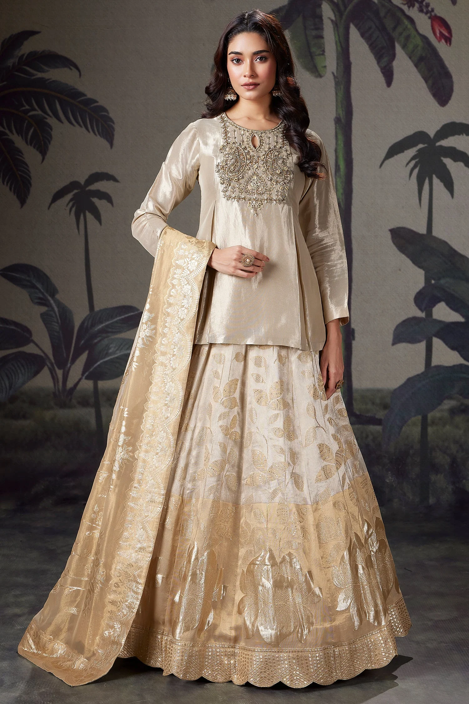 Cream and Golden Ombre Organza Floral Zari Woven Lehenga with Long Zardosi Worked Top - Image 3