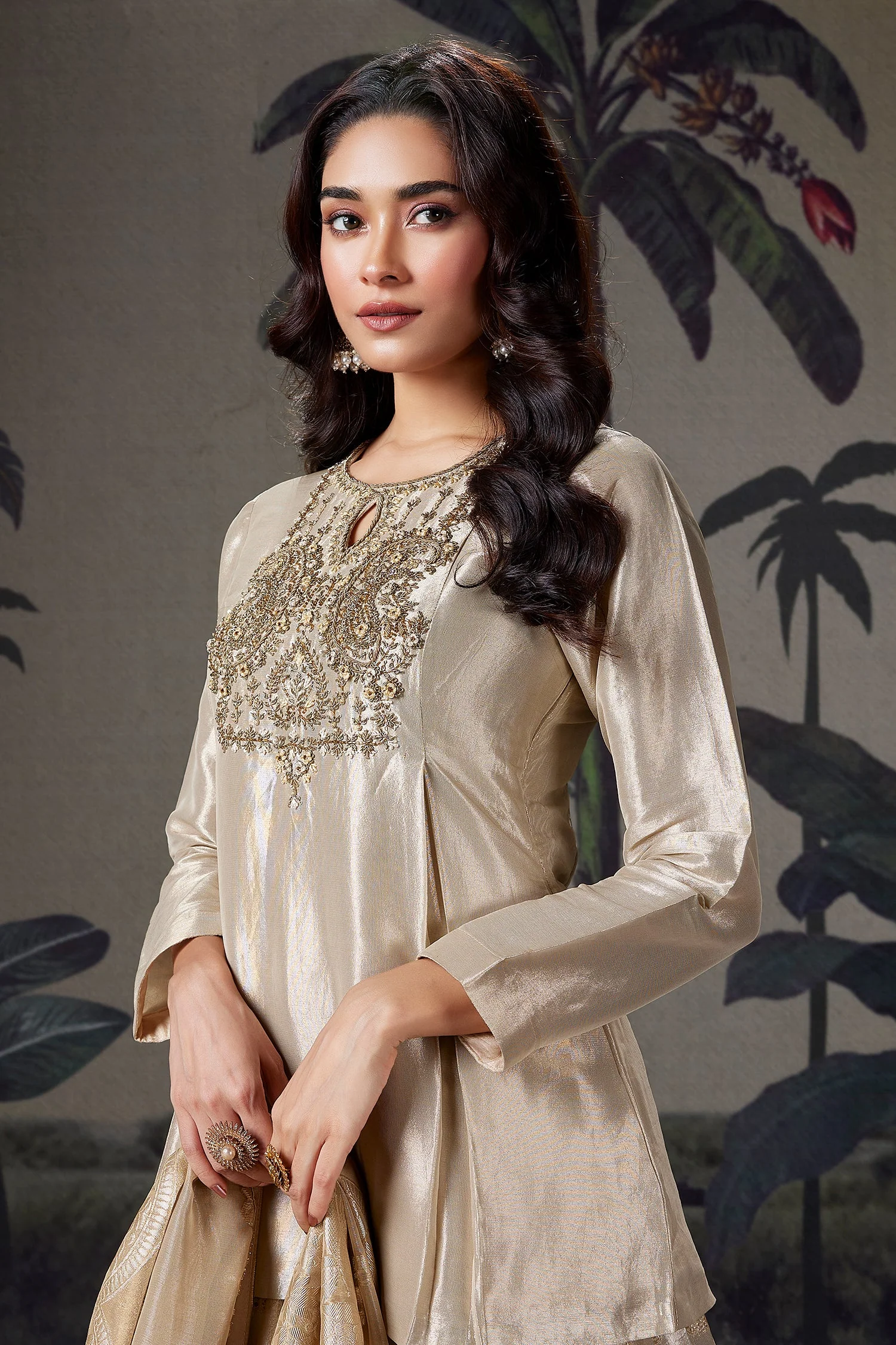 Cream and Golden Ombre Organza Floral Zari Woven Lehenga with Long Zardosi Worked Top - Image 4