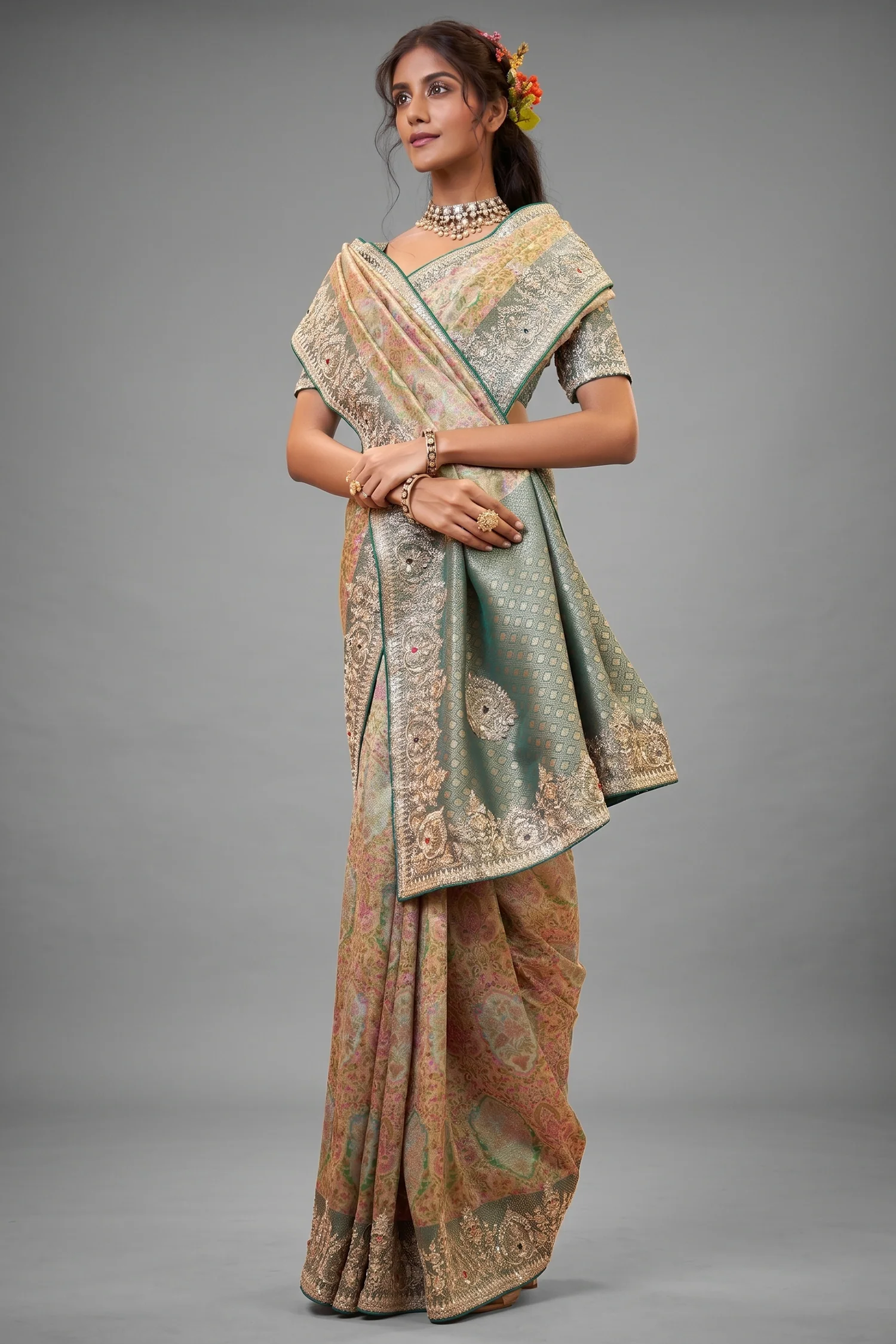 Cream and Green Silk Woven Saree with Embroidery