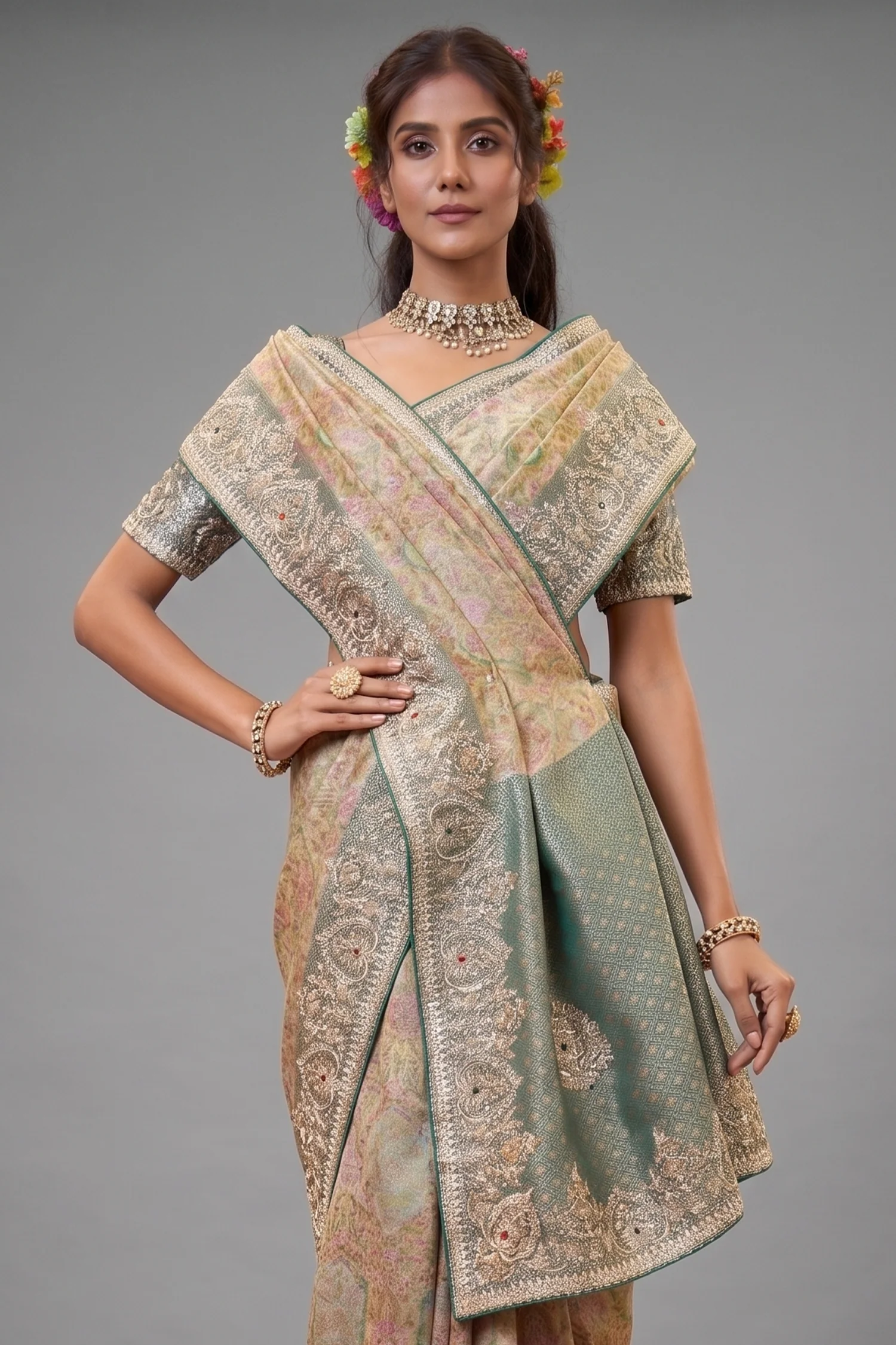 Cream and Green Silk Woven Saree with Embroidery - Image 2