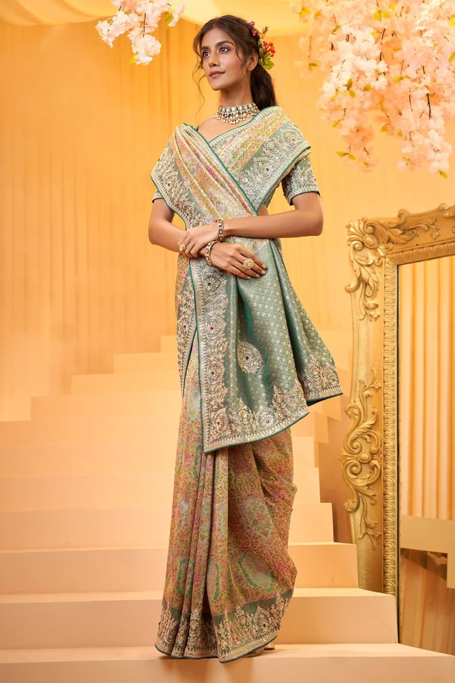 Cream and Green Silk Woven Saree with Embroidery - Image 3