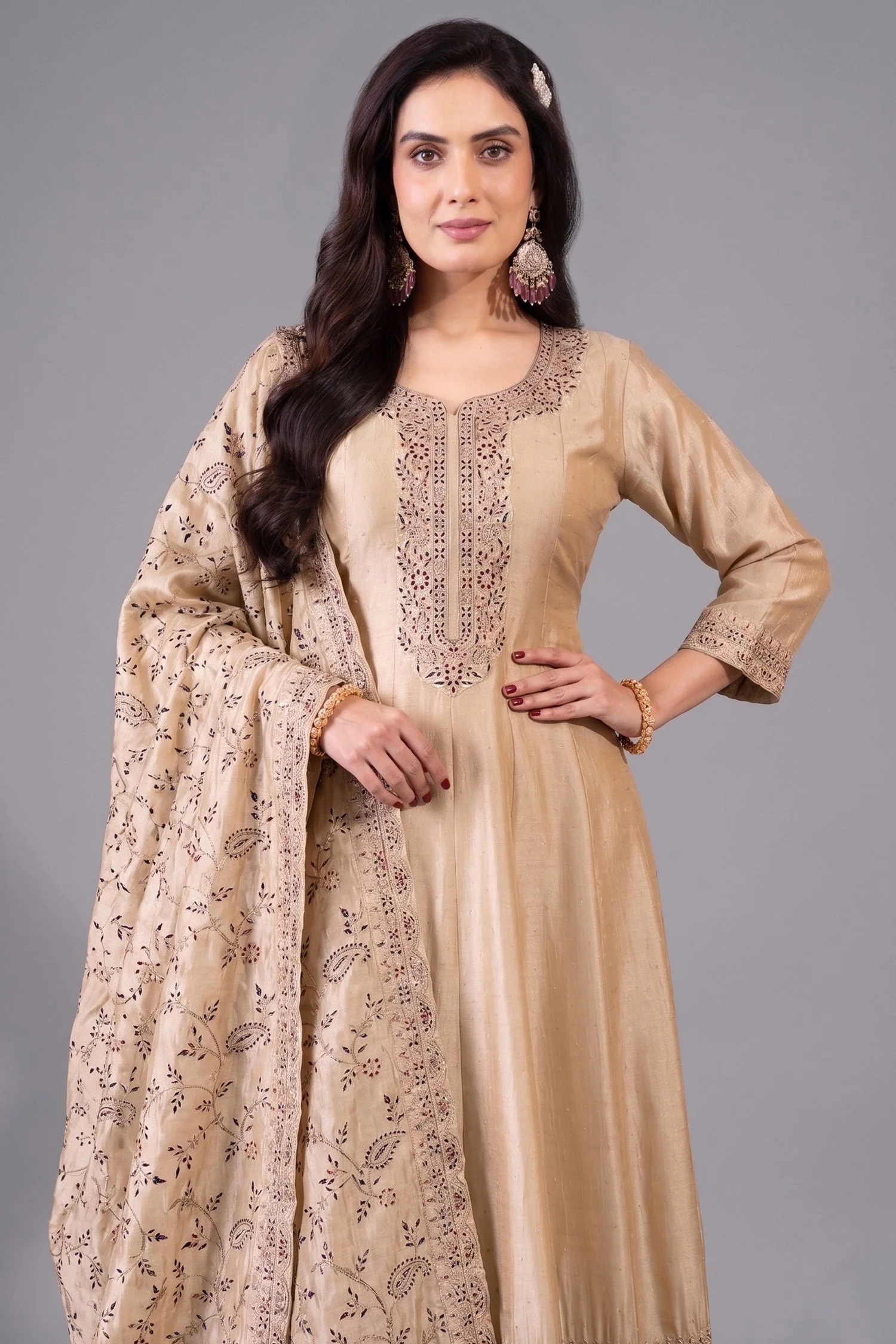 Cream Art Silk Embroidered Anarkali Suit - Image 2