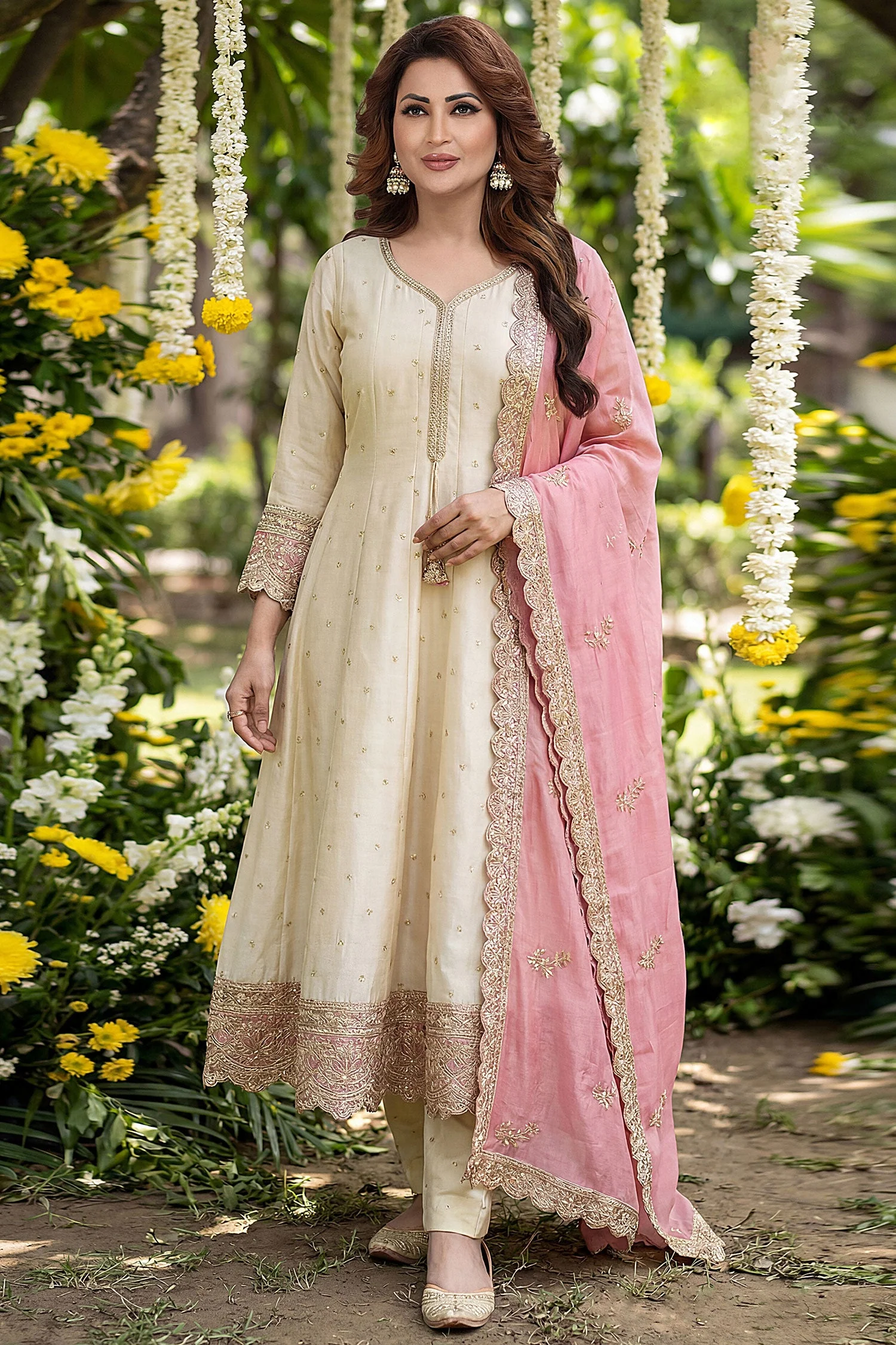 Cream Art Silk Sequin Embroidered Anarkali Suit - Image 2