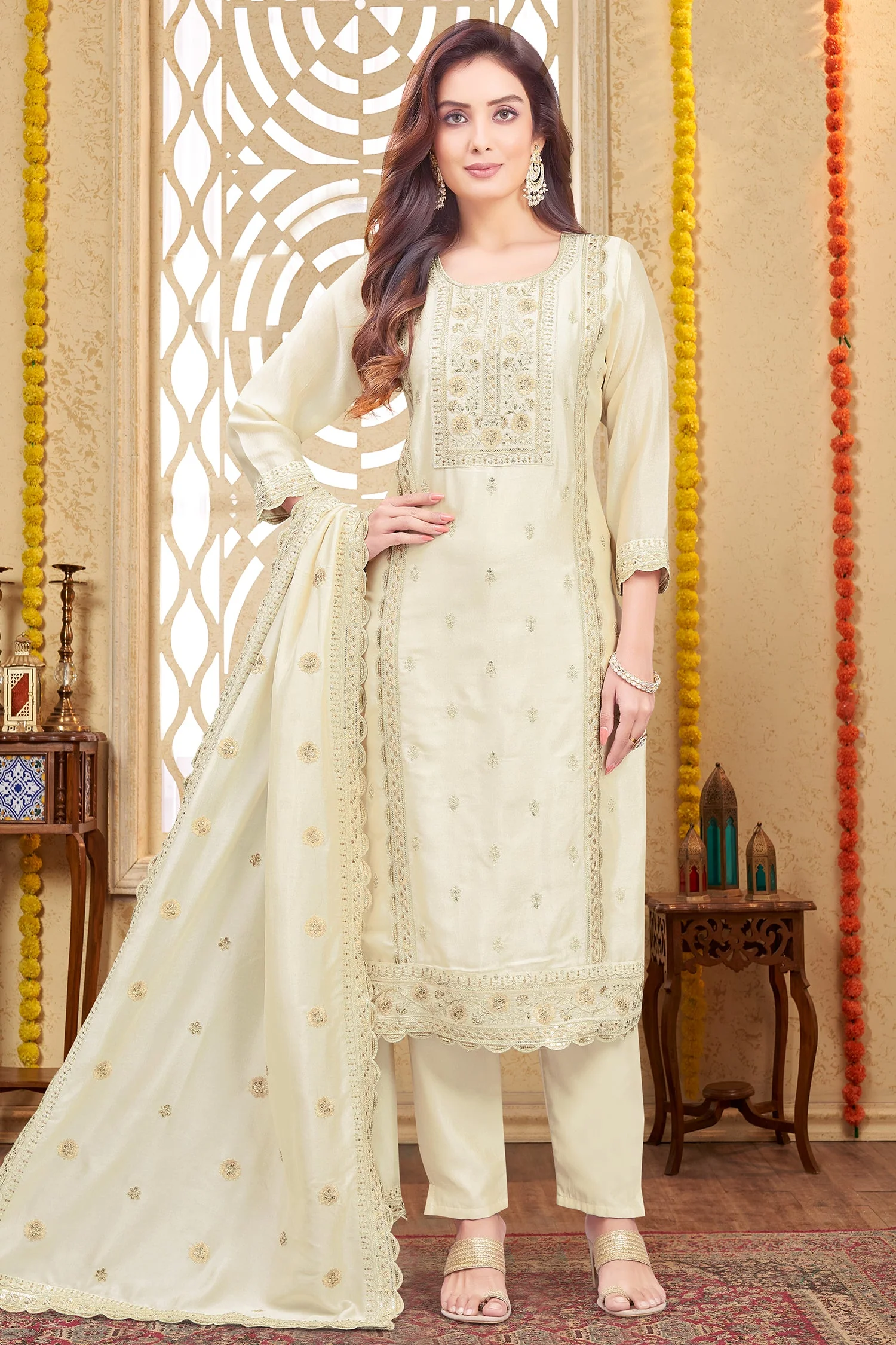 Cream Art Silk Sequins Embroidered Straight Cut Suit - Image 2