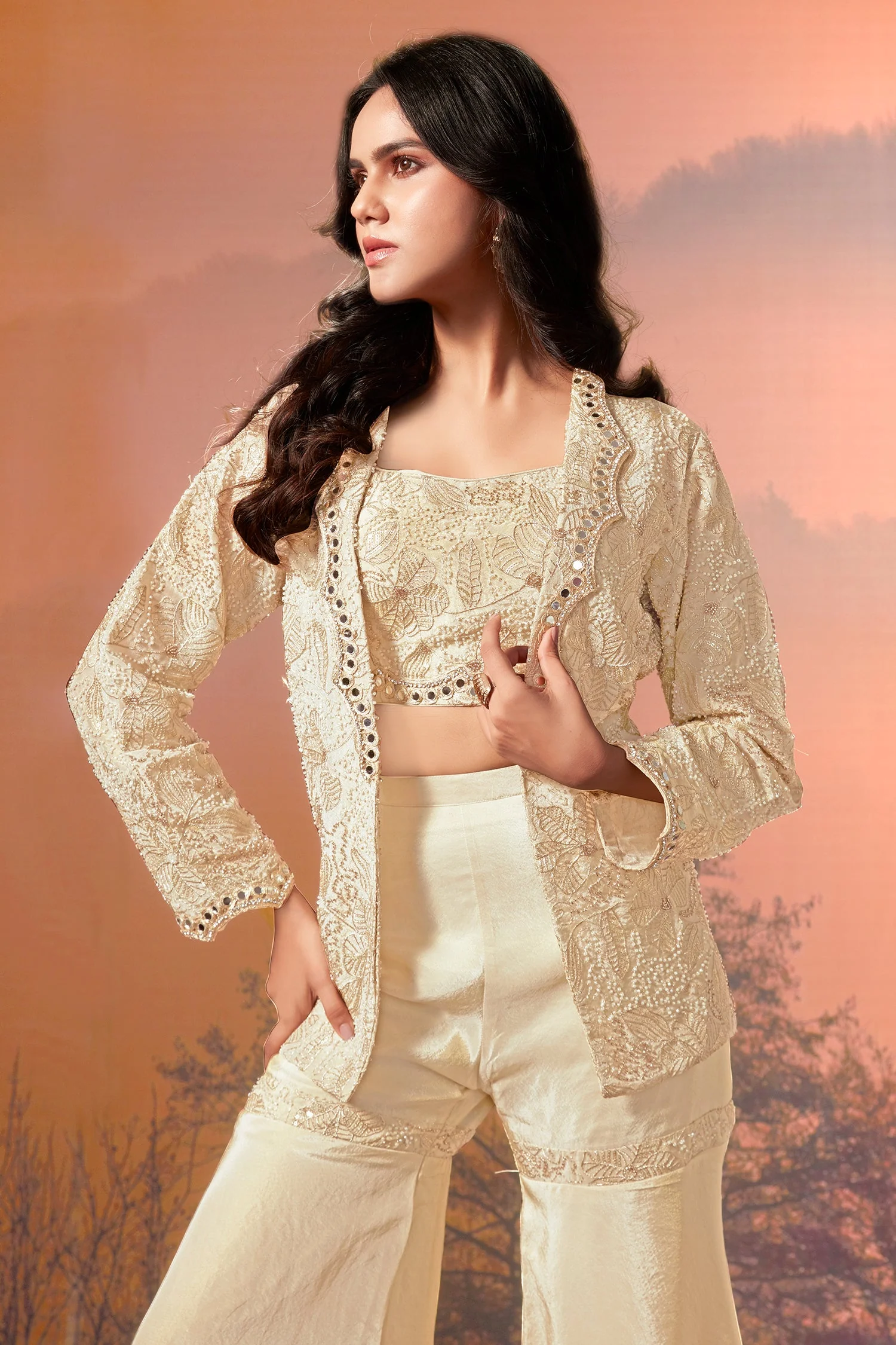 Cream Chinon Crop Top Sharara Set with Beaded Embroidered Blazer - Image 3