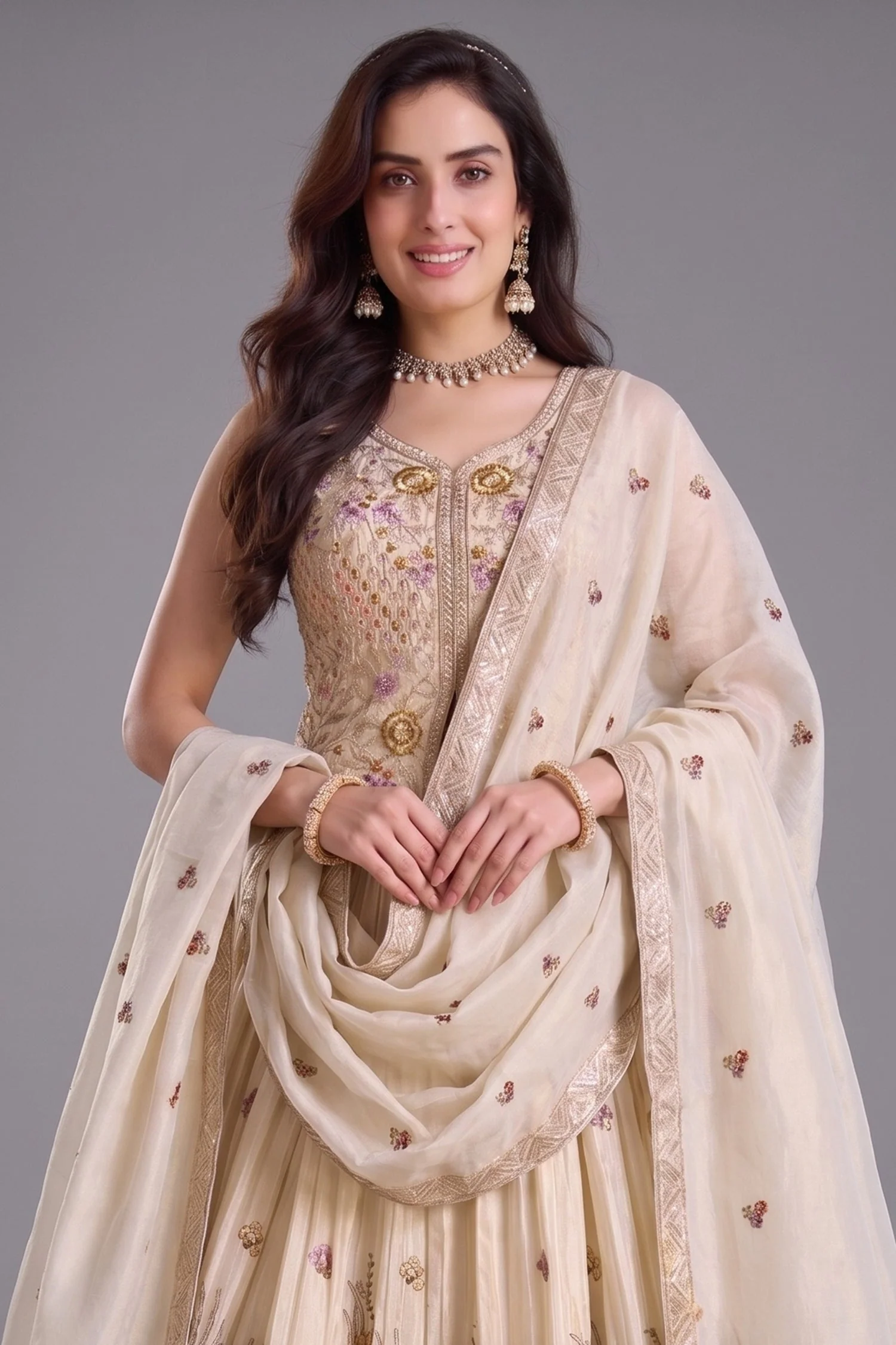 Cream Chinon Floral Embroidered Lehenga with Long Blouse - Image 2