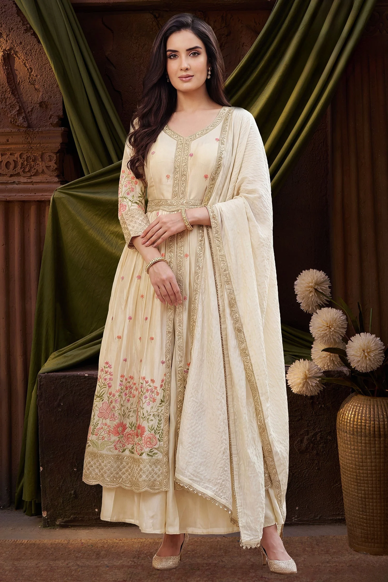Cream Chinon Floral Embroidered Slit Cut Palazzo Suit - Image 3