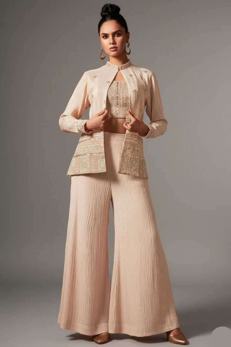 Cream Chinon Sequin Embroidered Crop Top Palazzo Set with Jacket