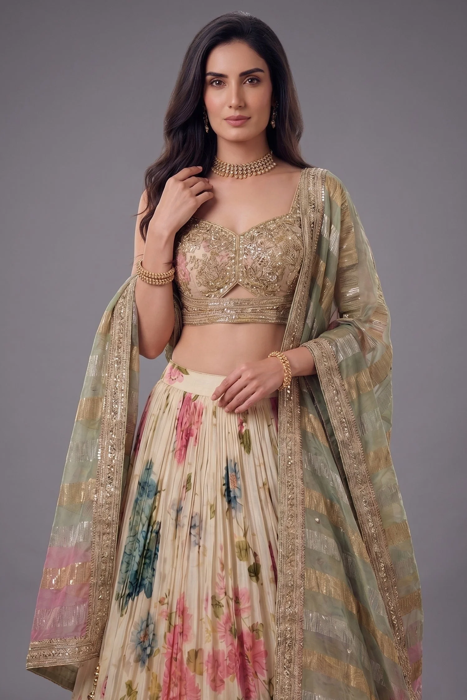 Cream Chinon Silk Floral Printed Flared Lehenga - Image 2