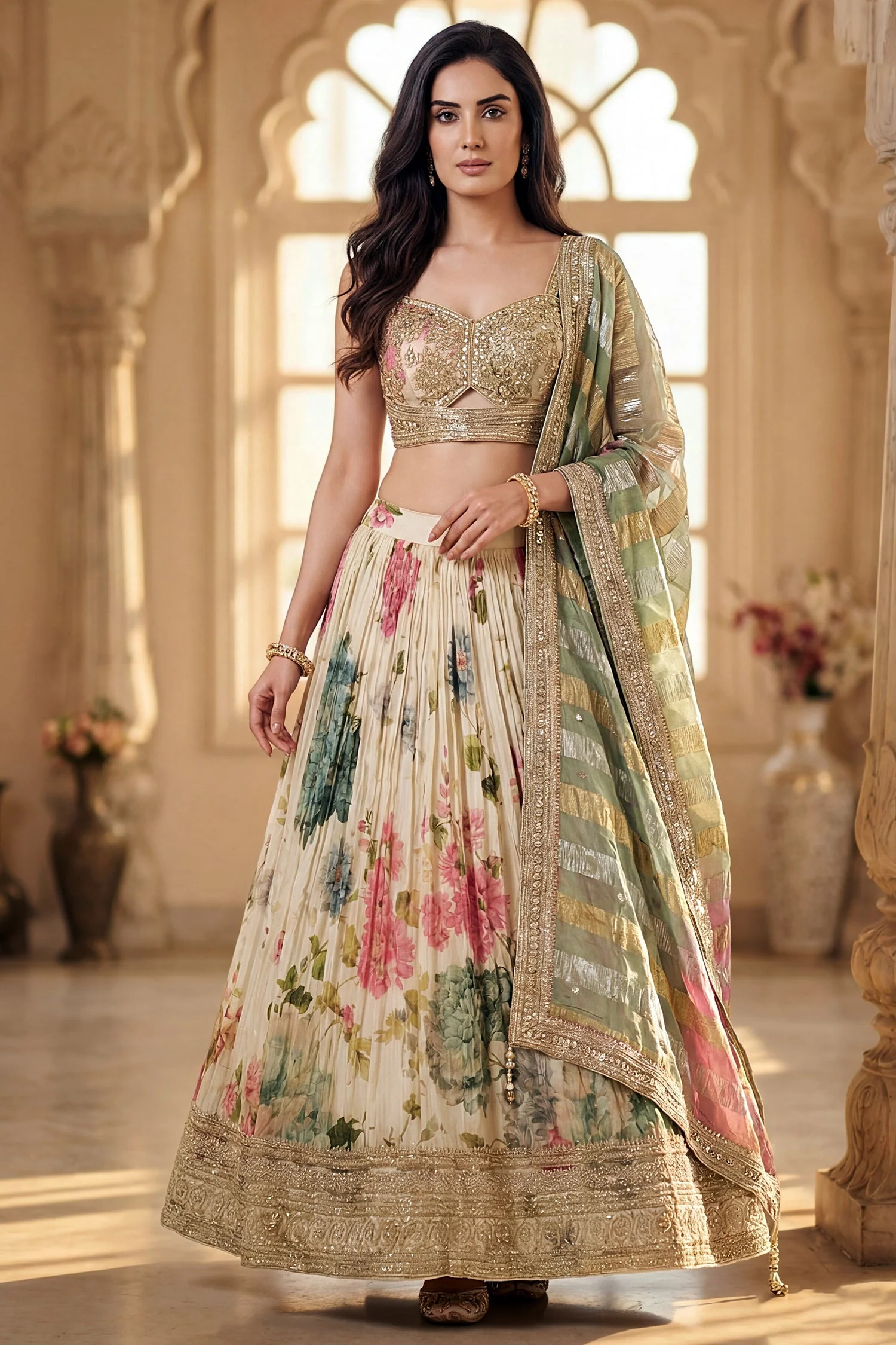 Cream Chinon Silk Floral Printed Flared Lehenga - Image 3