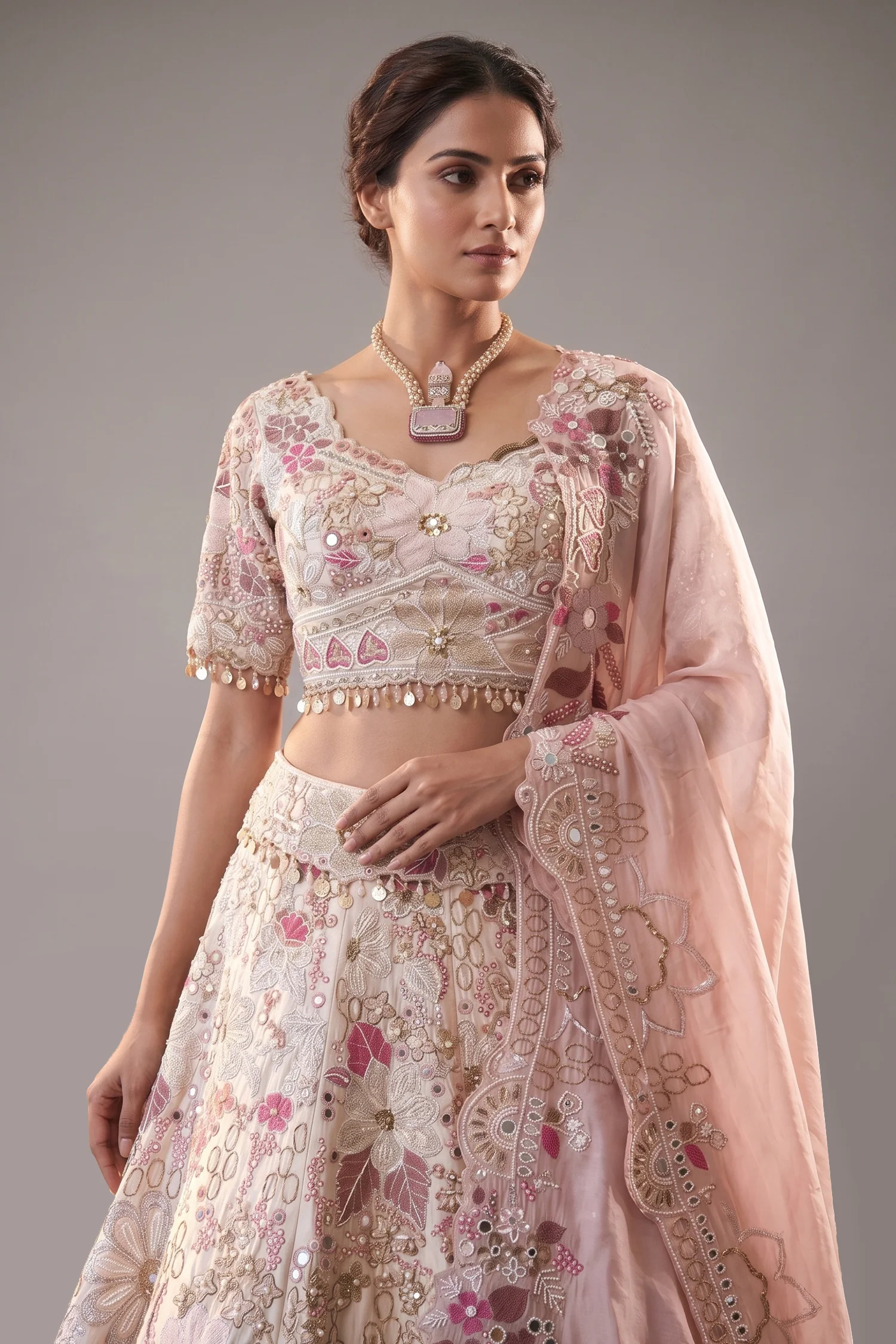 Cream Designer Floral Work Lehenga with Beaded and Mirror Work - Image 2