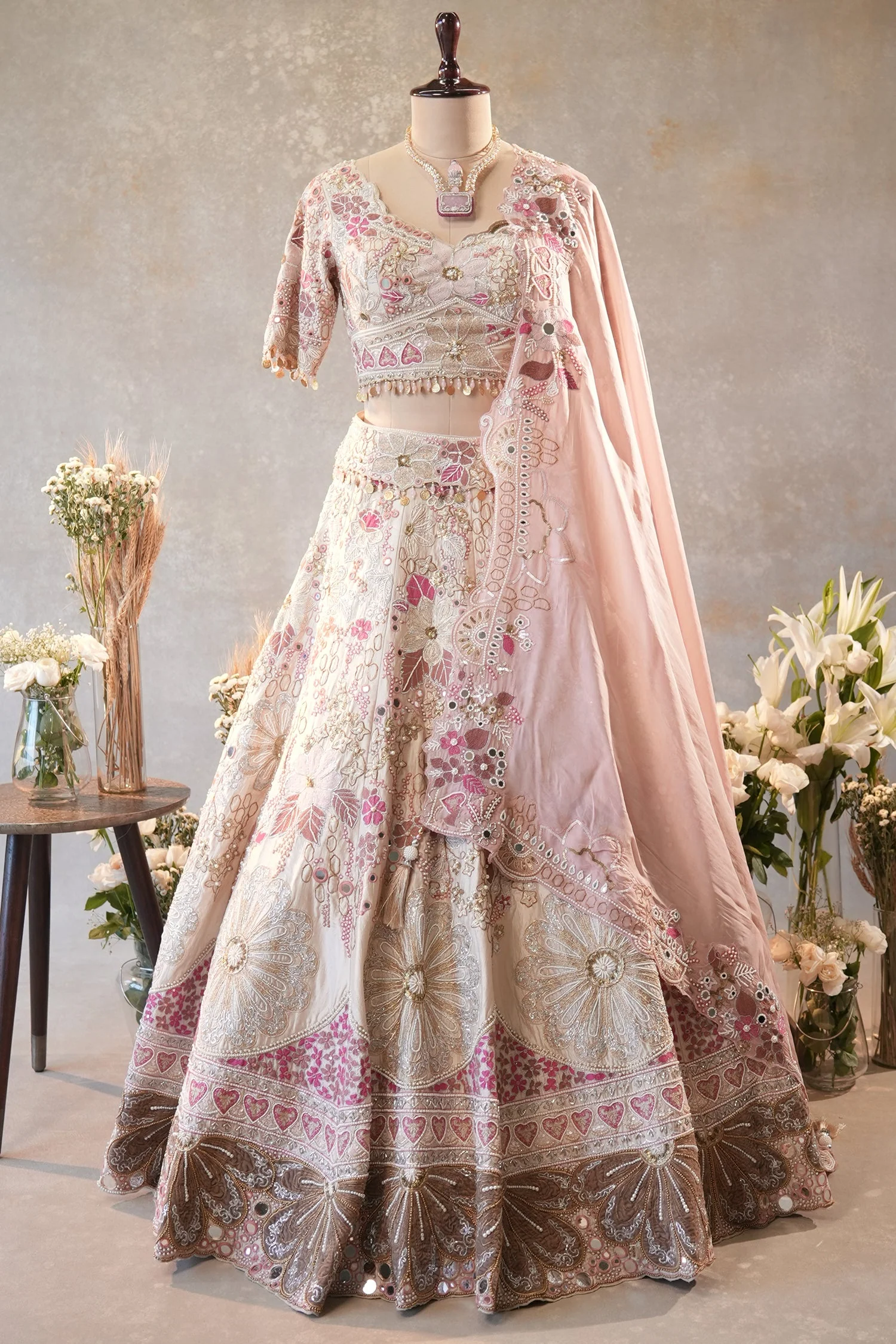 Cream Designer Floral Work Lehenga with Beaded and Mirror Work - Image 3