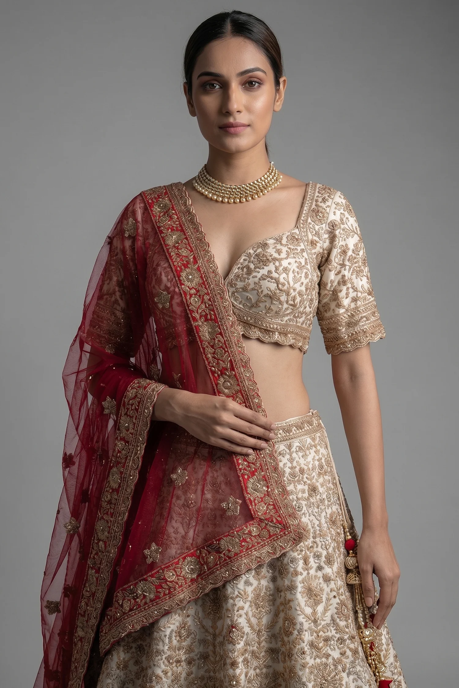 Cream Raw Silk Beaded and Zardosi Worked Lehenga - Image 2