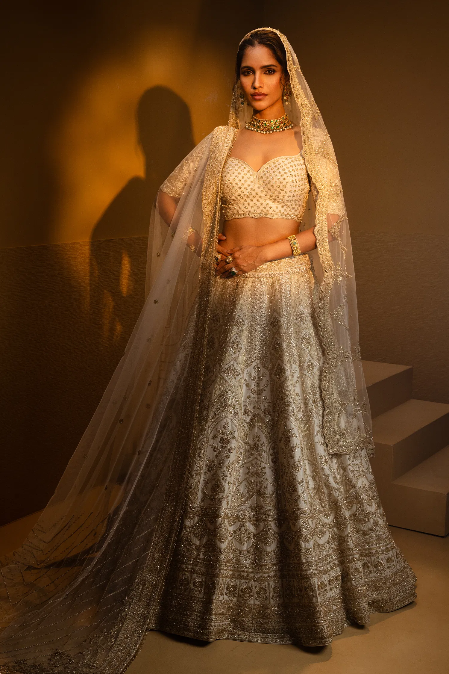 Cream Raw Silk Designer Heavy Bridal Lehenga with Sweet Heart Neck Blouse and Double Dupatta - Image 2