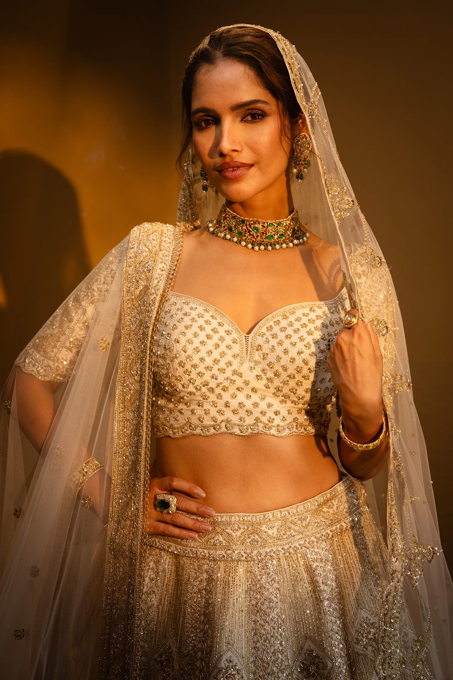 Cream Raw Silk Designer Heavy Bridal Lehenga with Sweet Heart Neck Blouse and Double Dupatta - Image 3