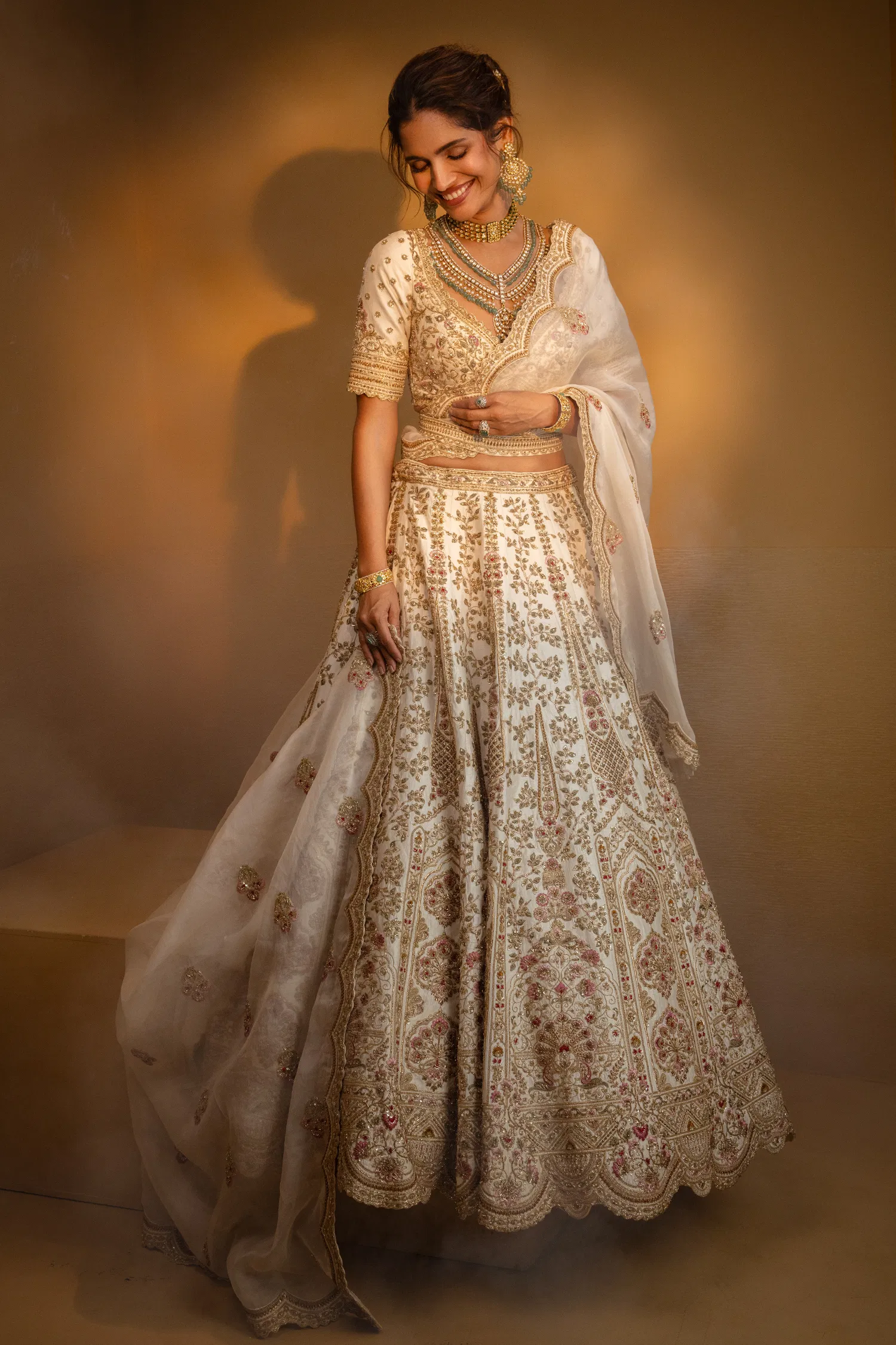 Cream Raw Silk Heavy Designer Bridal Lehenga with Scallop V Neckline and Double Dupatta - Image 2