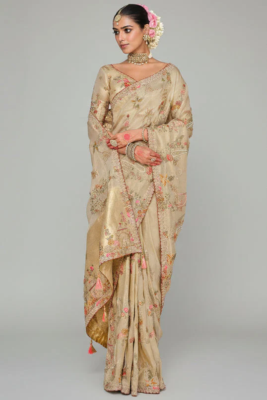 Cream Silk Woven Saree with Embroidery