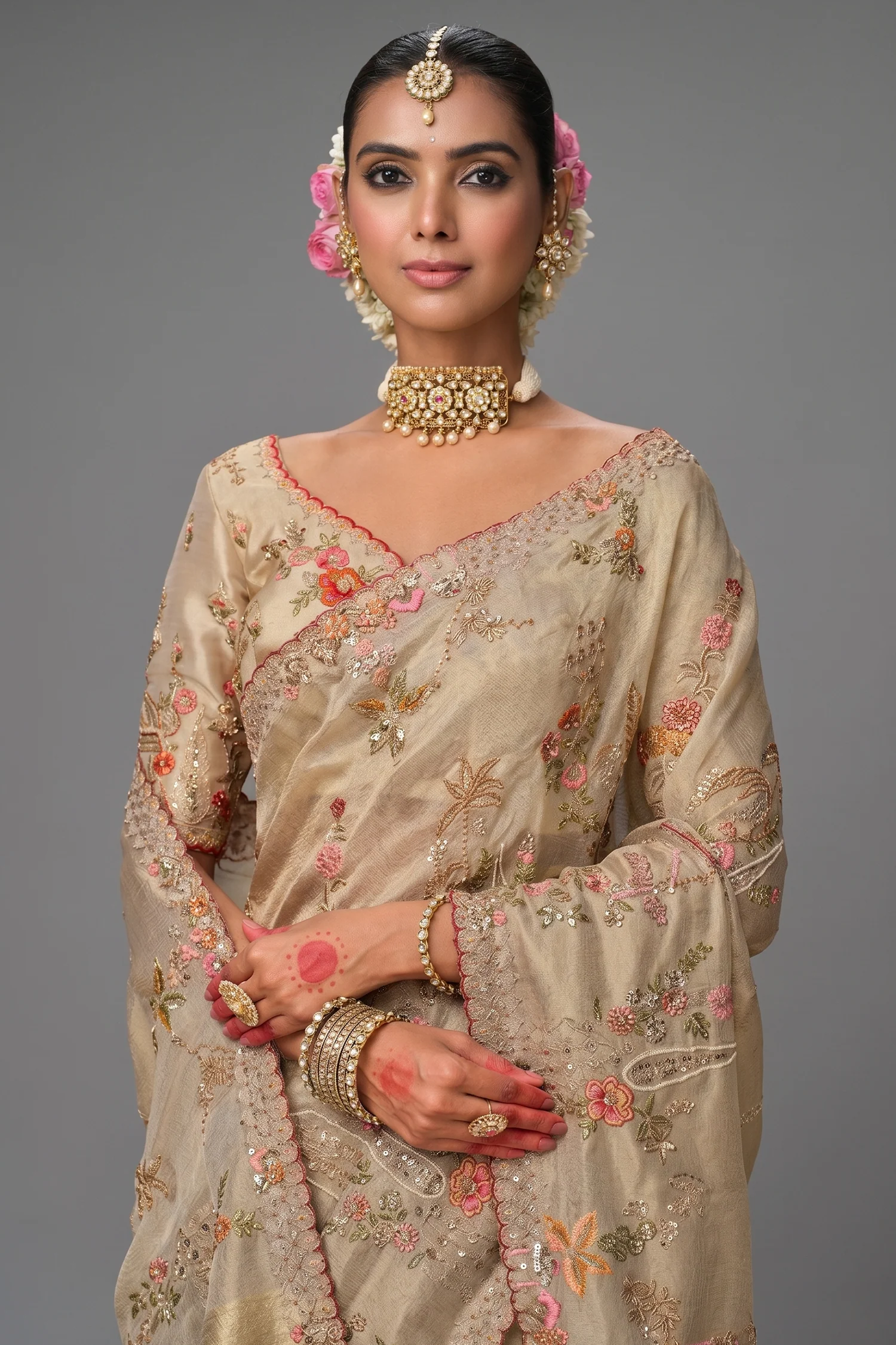 Cream Silk Woven Saree with Embroidery - Image 2