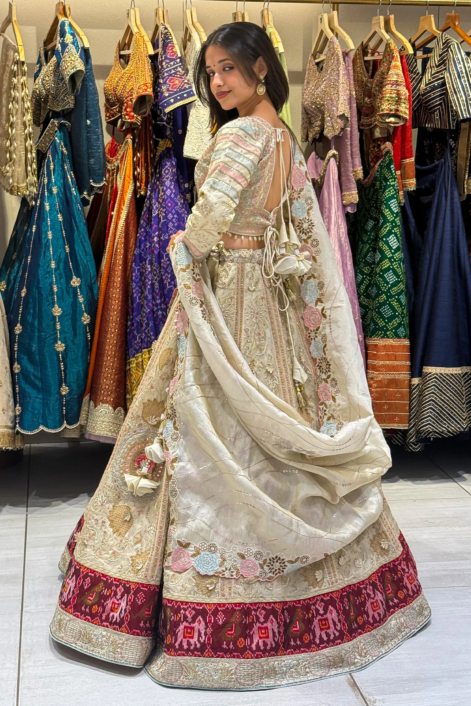 Cream Tissue Desginer Floral Patch Lehenga with Patola Border - Image 3