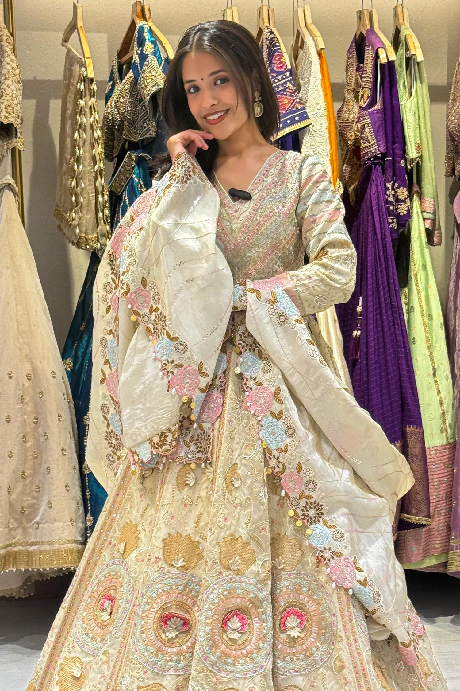 Cream Tissue Desginer Floral Patch Lehenga with Patola Border - Image 4