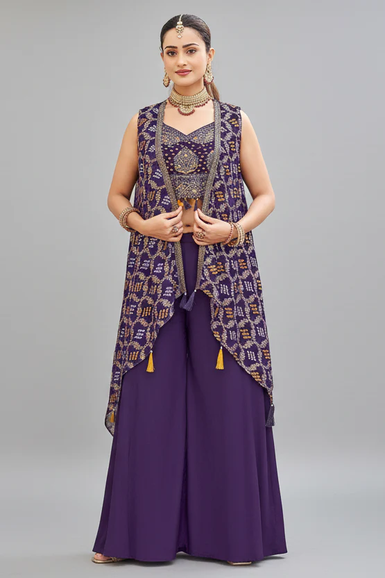 Cyber Grape Purple Georgette Bandhej Crop Top Palazzo Set with Jacket
