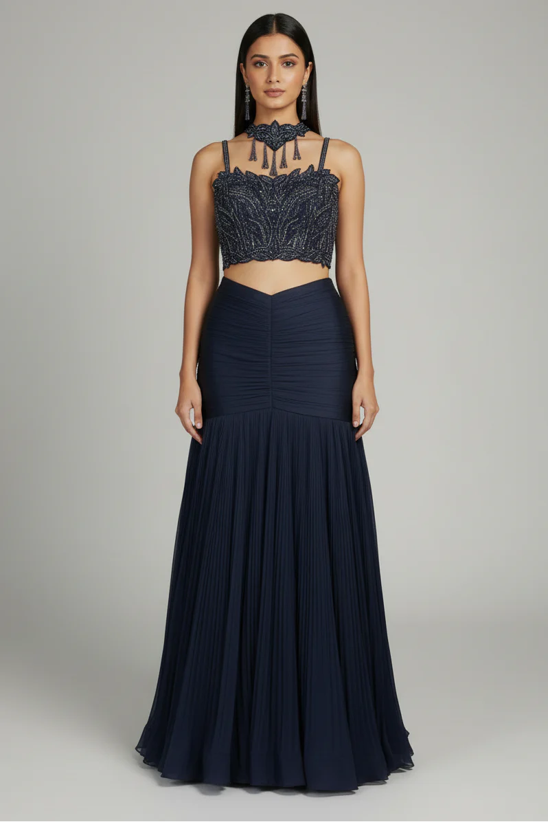 Dark Blue Fishcut Lehenga with Blouse and Choker Dupatta