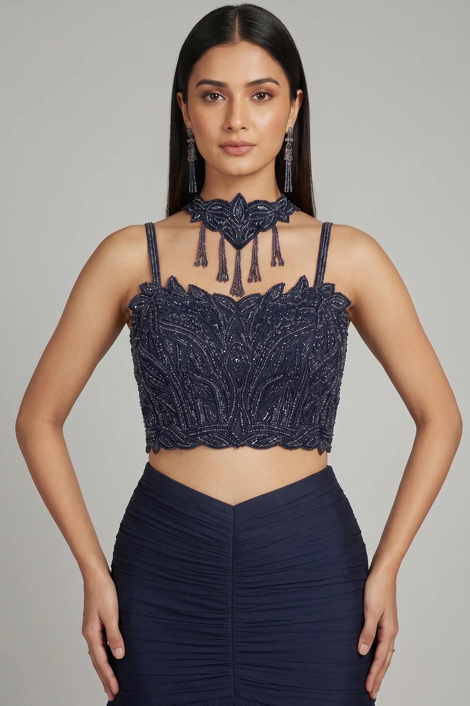 Dark Blue Fishcut Lehenga with Blouse and Choker Dupatta - Image 2