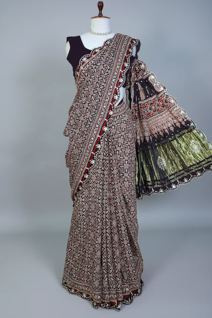 Dark Blue Modal Silk Ajrakh Printed Saree with Applique and Gota Work - Image 3
