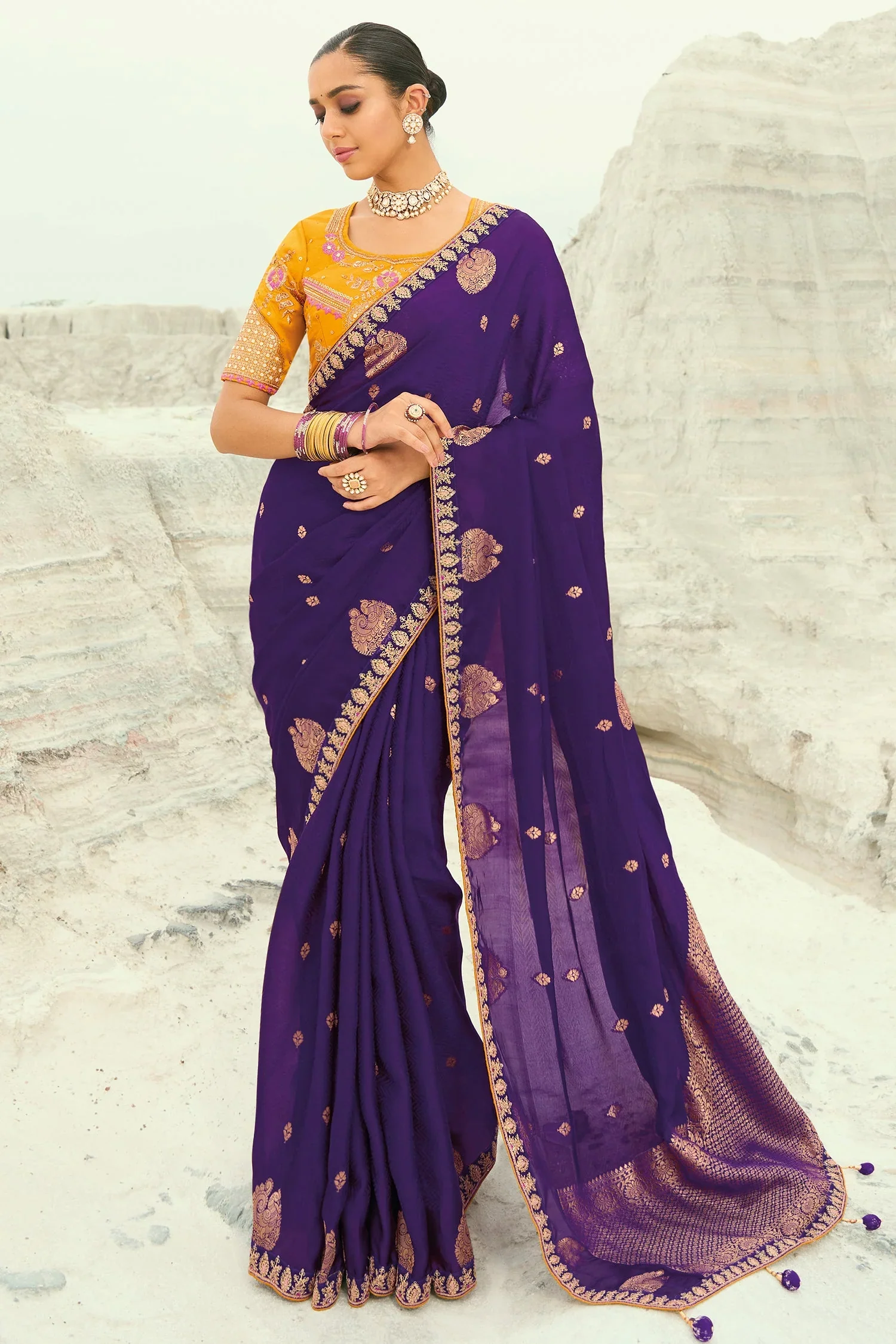 Dark Purple Viscose Woven Saree with Embroidery Border - Image 2