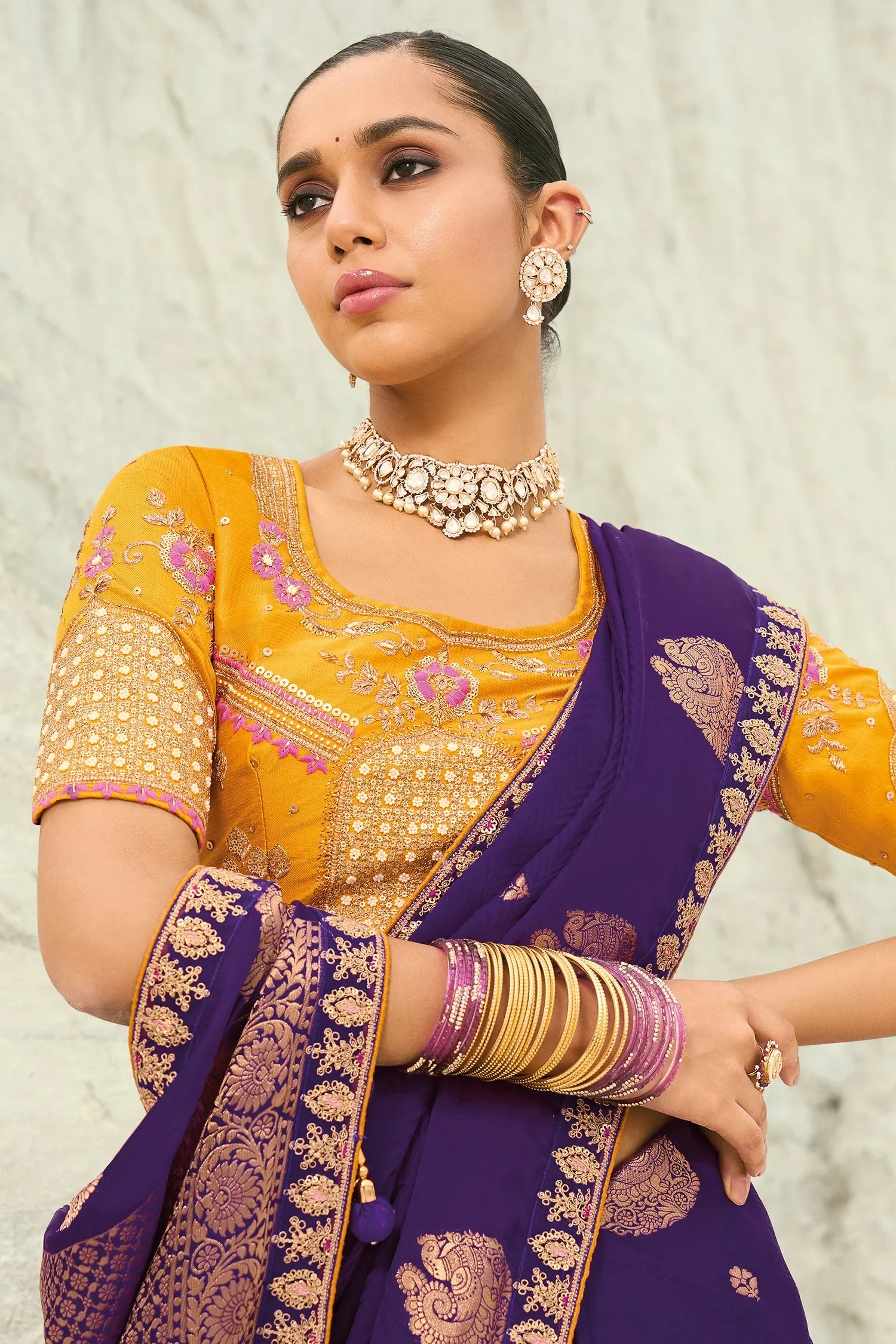 Dark Purple Viscose Woven Saree with Embroidery Border - Image 3