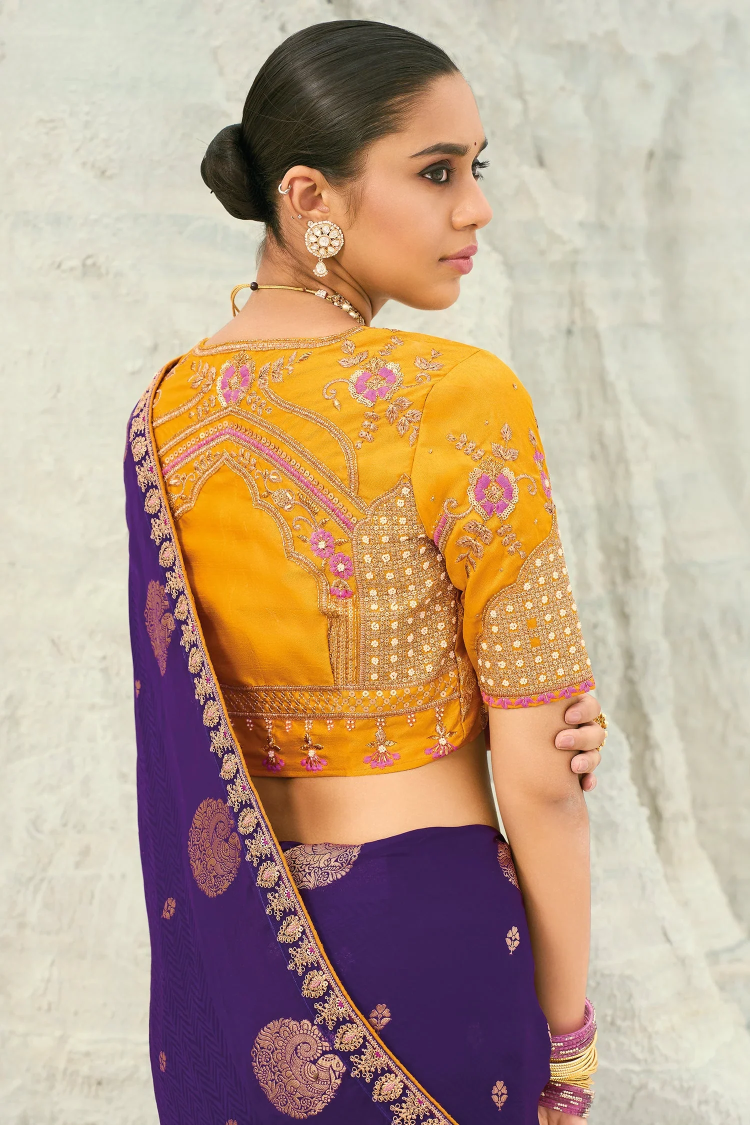 Dark Purple Viscose Woven Saree with Embroidery Border - Image 4