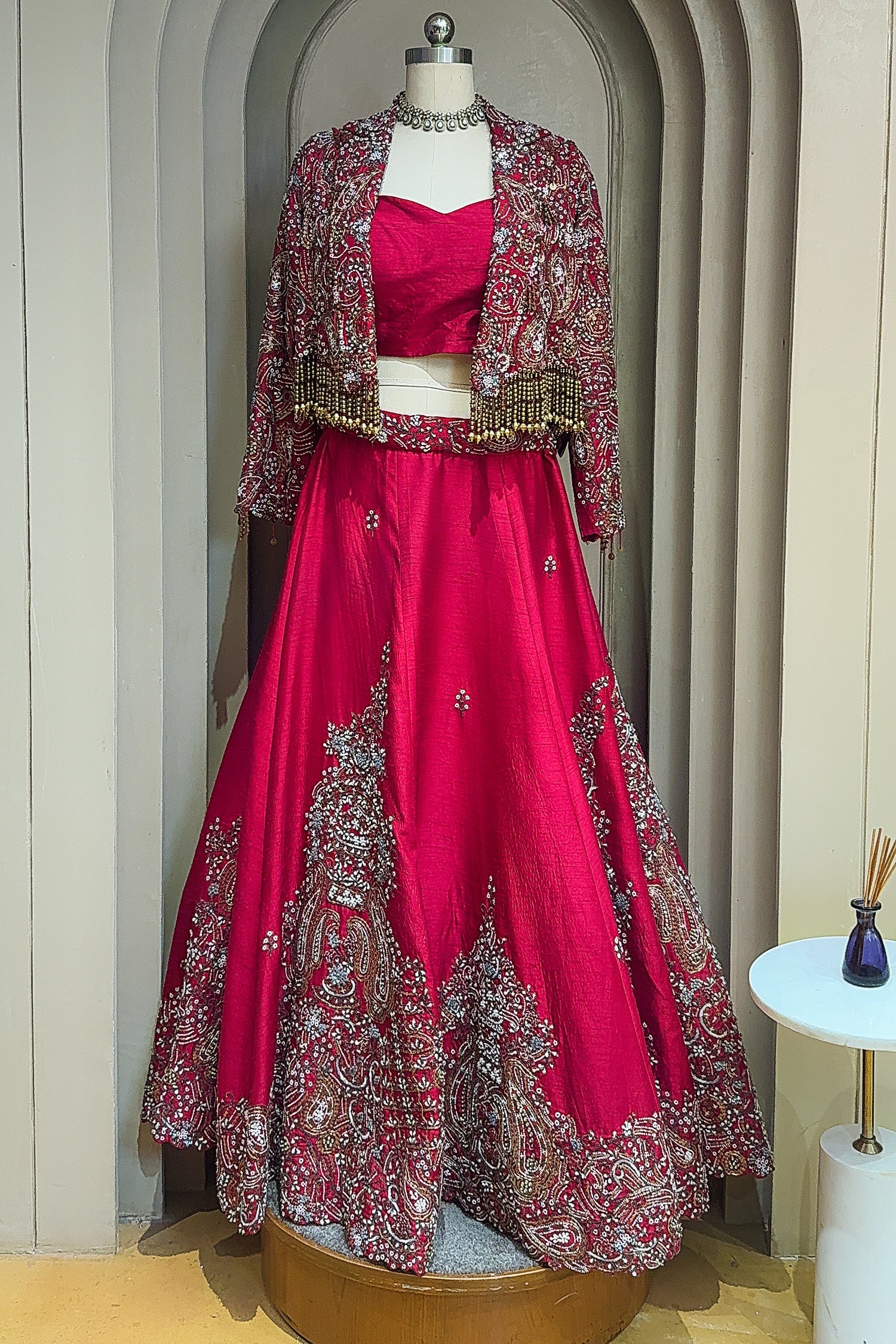 Deep Maroon Designer Handworked Raw Silk Crop Top Lehenga with Jacket - Image 3