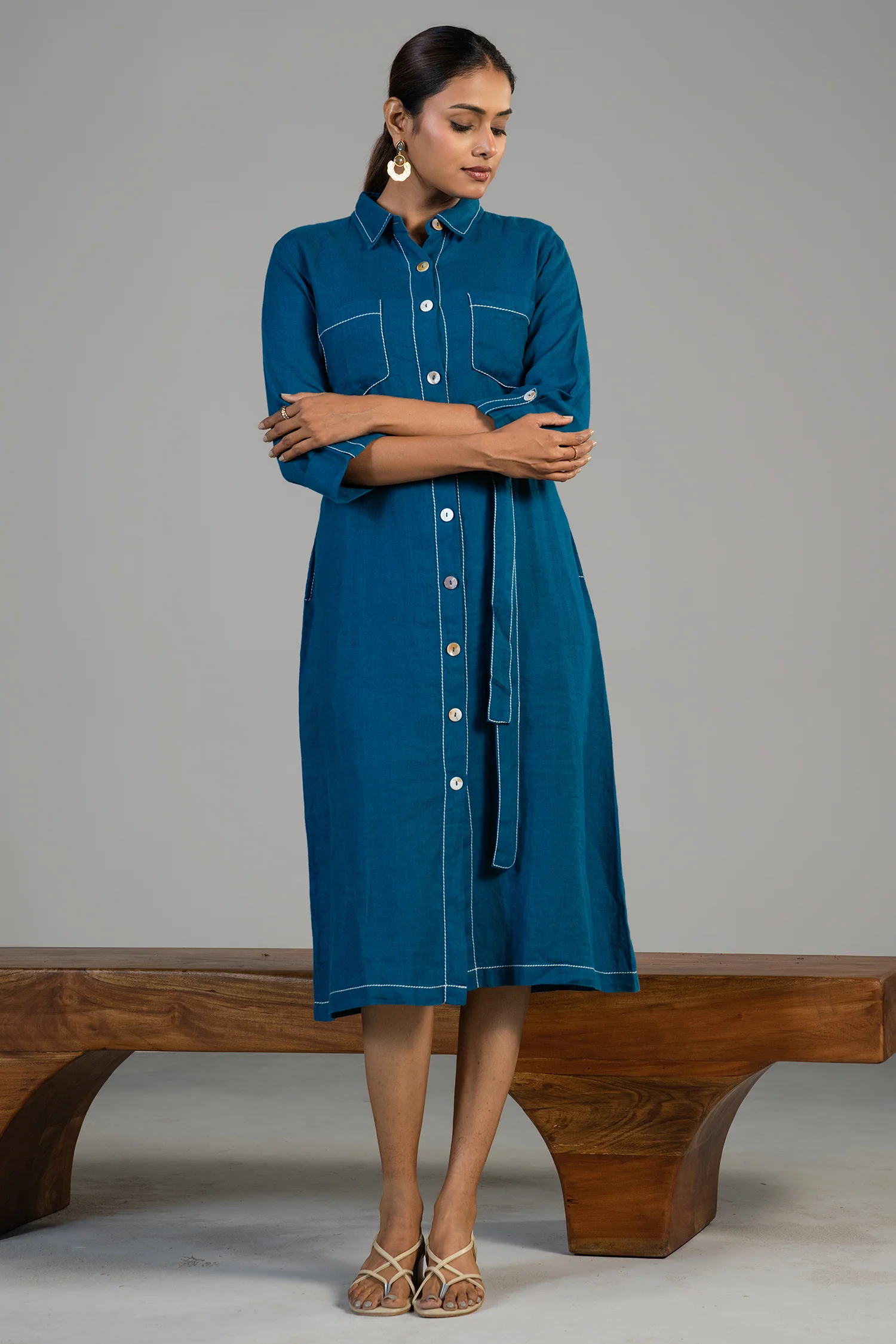 Deep Ocean Blue Linen Shirt Style Dress - Image 3