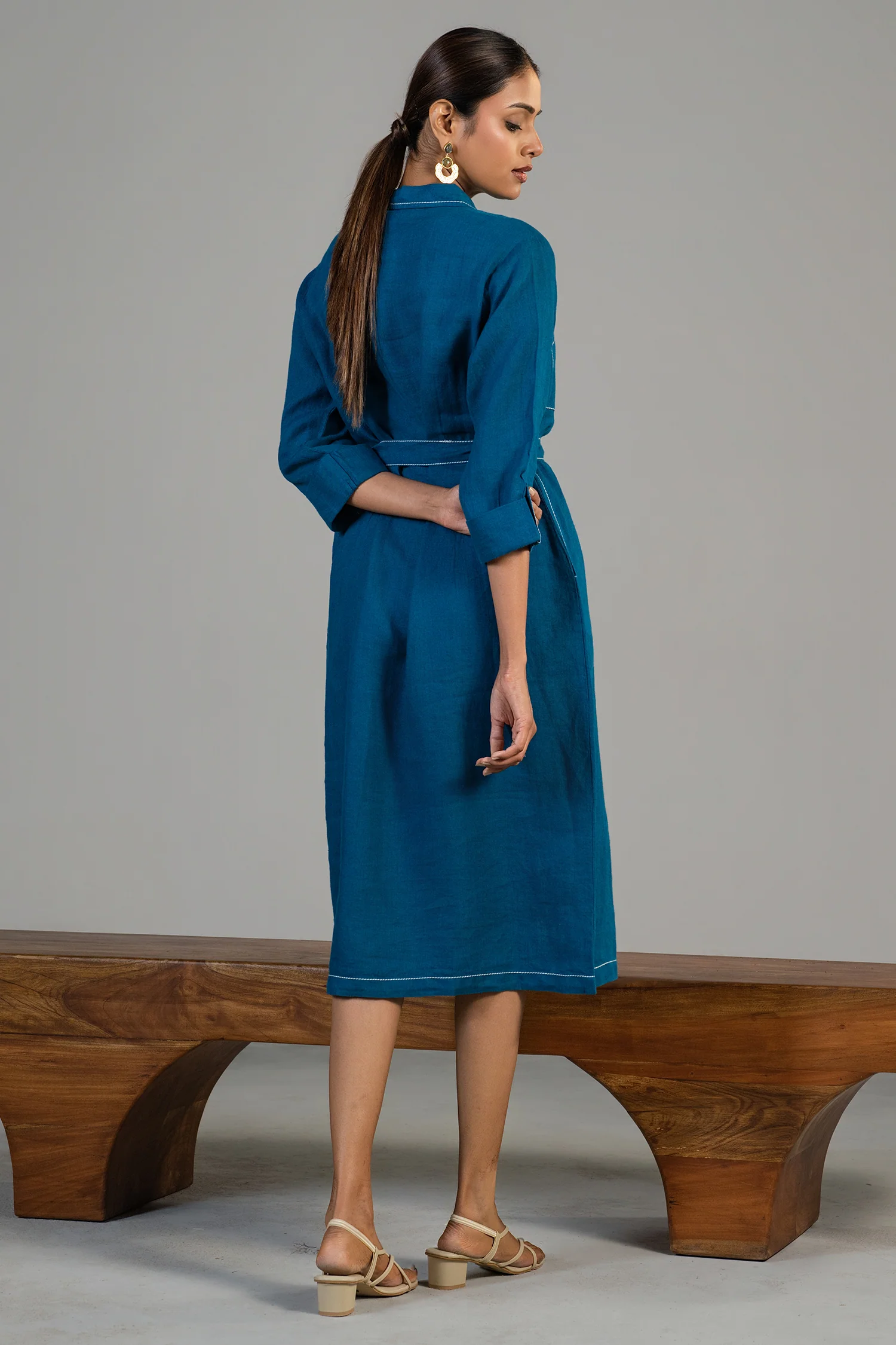 Deep Ocean Blue Linen Shirt Style Dress - Image 4