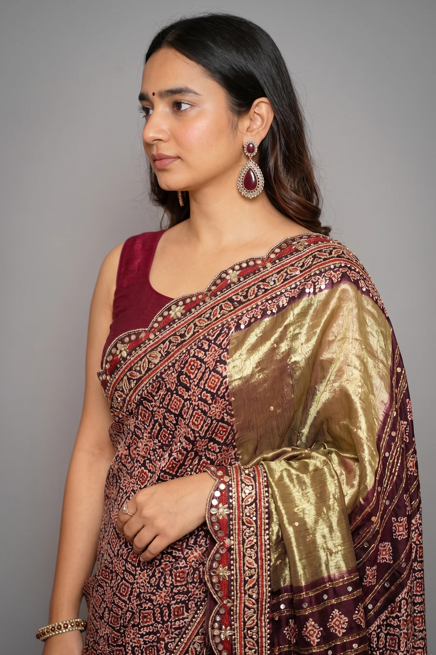 Deep Plum Purple Modal Silk Ajrakh Printed Saree with Applique and Gota Work - Image 2