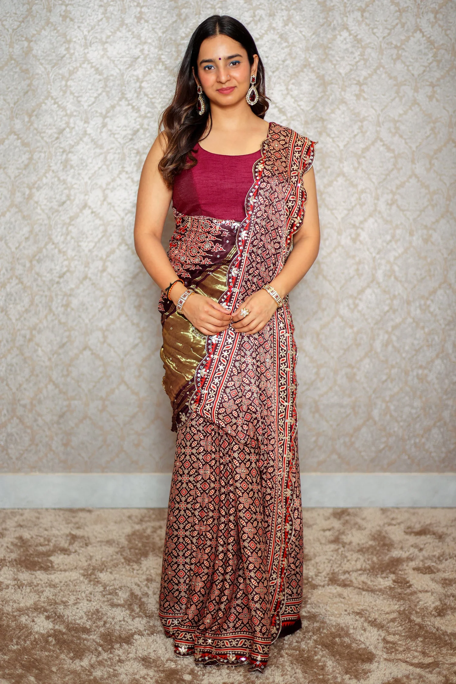 Deep Plum Purple Modal Silk Ajrakh Printed Saree with Applique and Gota Work - Image 3