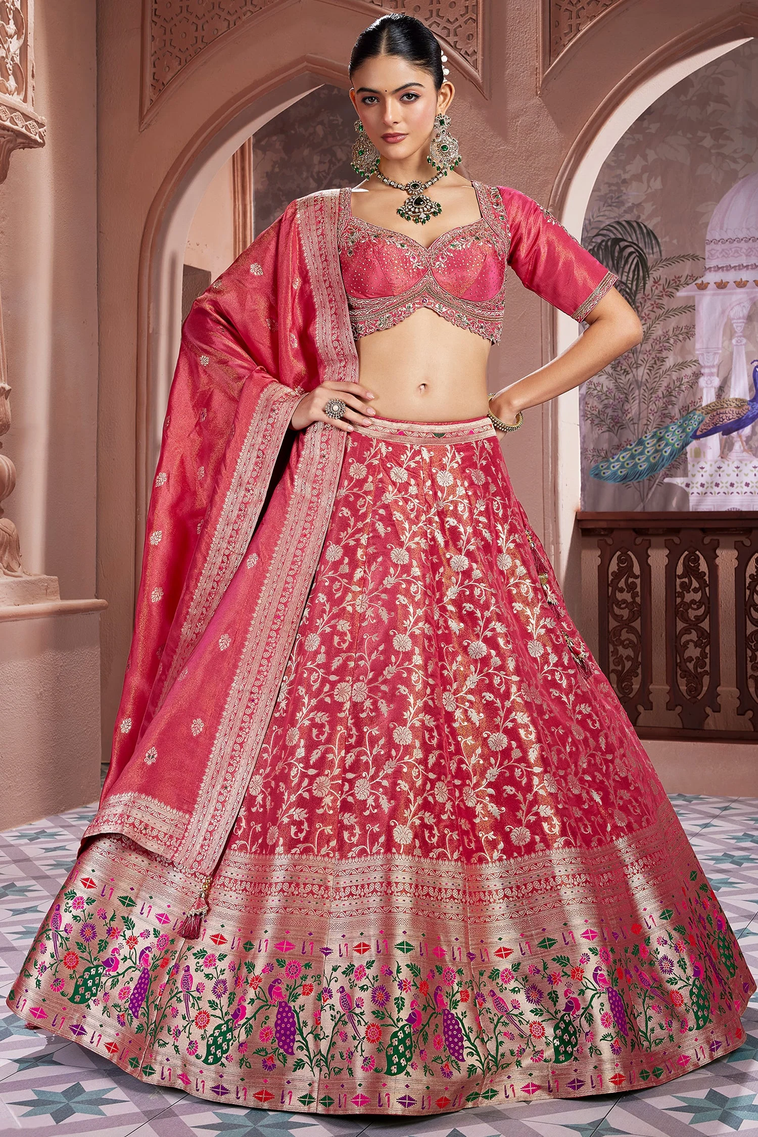 Deep Rose Pink Tissue Floral Woven Lehenga with Paithani Border - Image 3