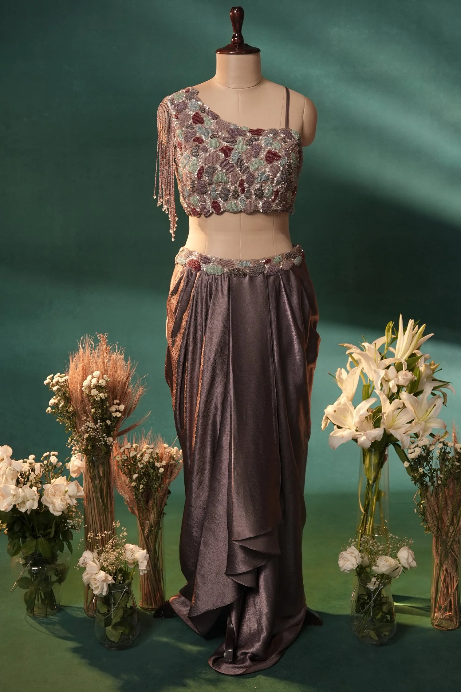 Dusky Purple Organza One Shoulder Crop Top Dhoti Skirt Set with Beaded Fringe Detailing - Image 2