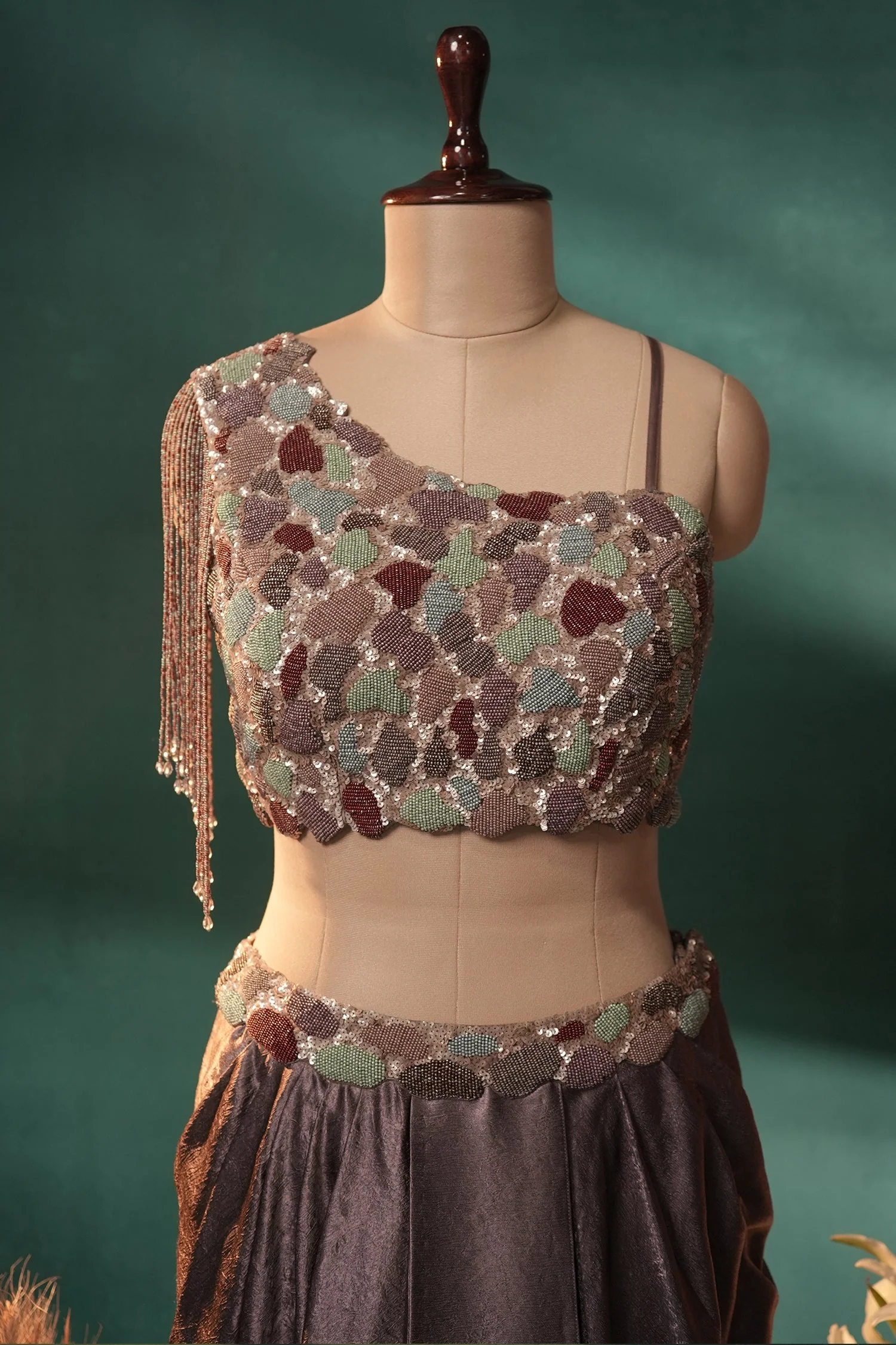 Dusky Purple Organza One Shoulder Crop Top Dhoti Skirt Set with Beaded Fringe Detailing - Image 3