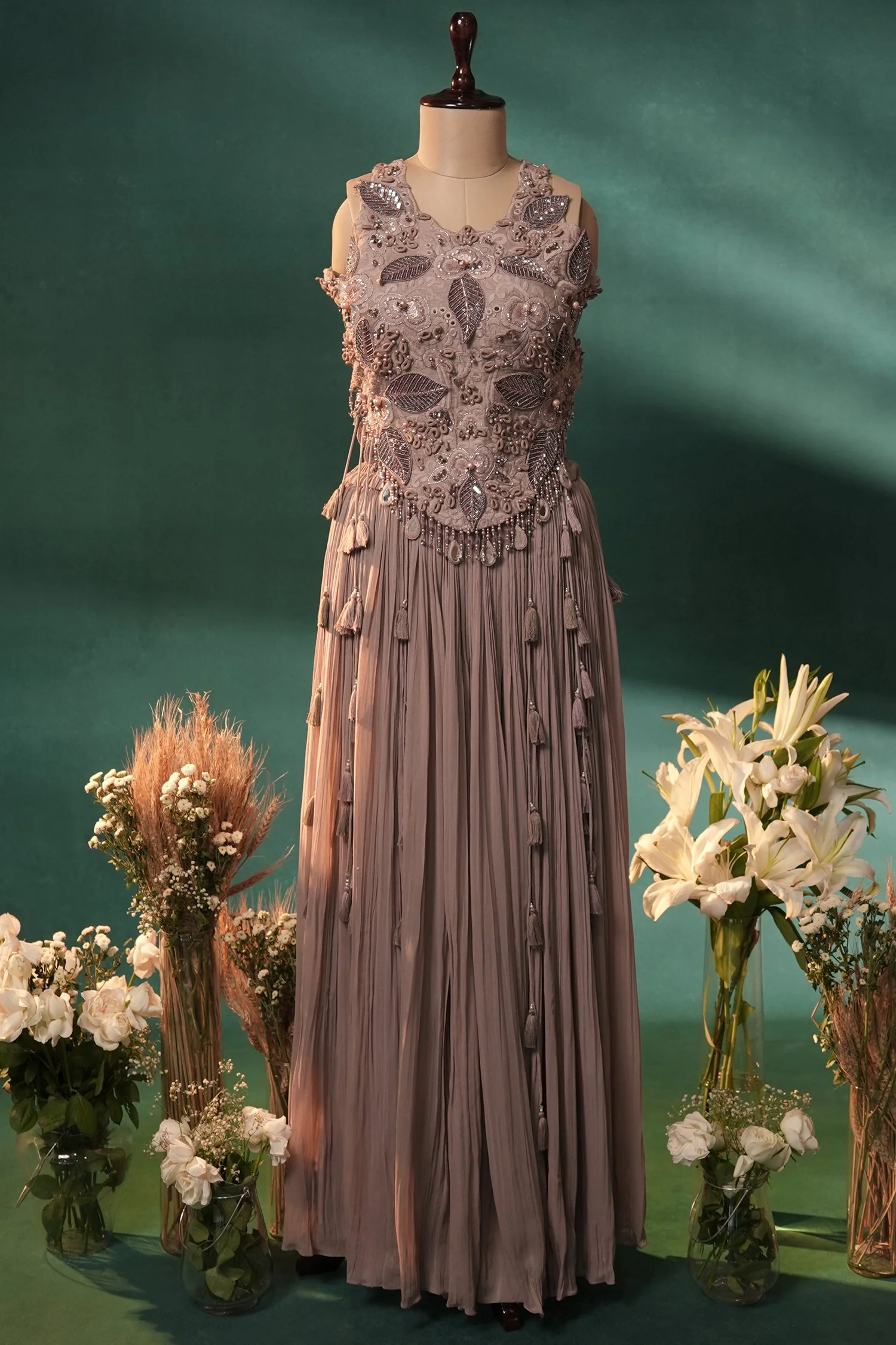 Dusty Mauve Silk Embroidered Beaded Crop Top Palazzo Set - Image 2