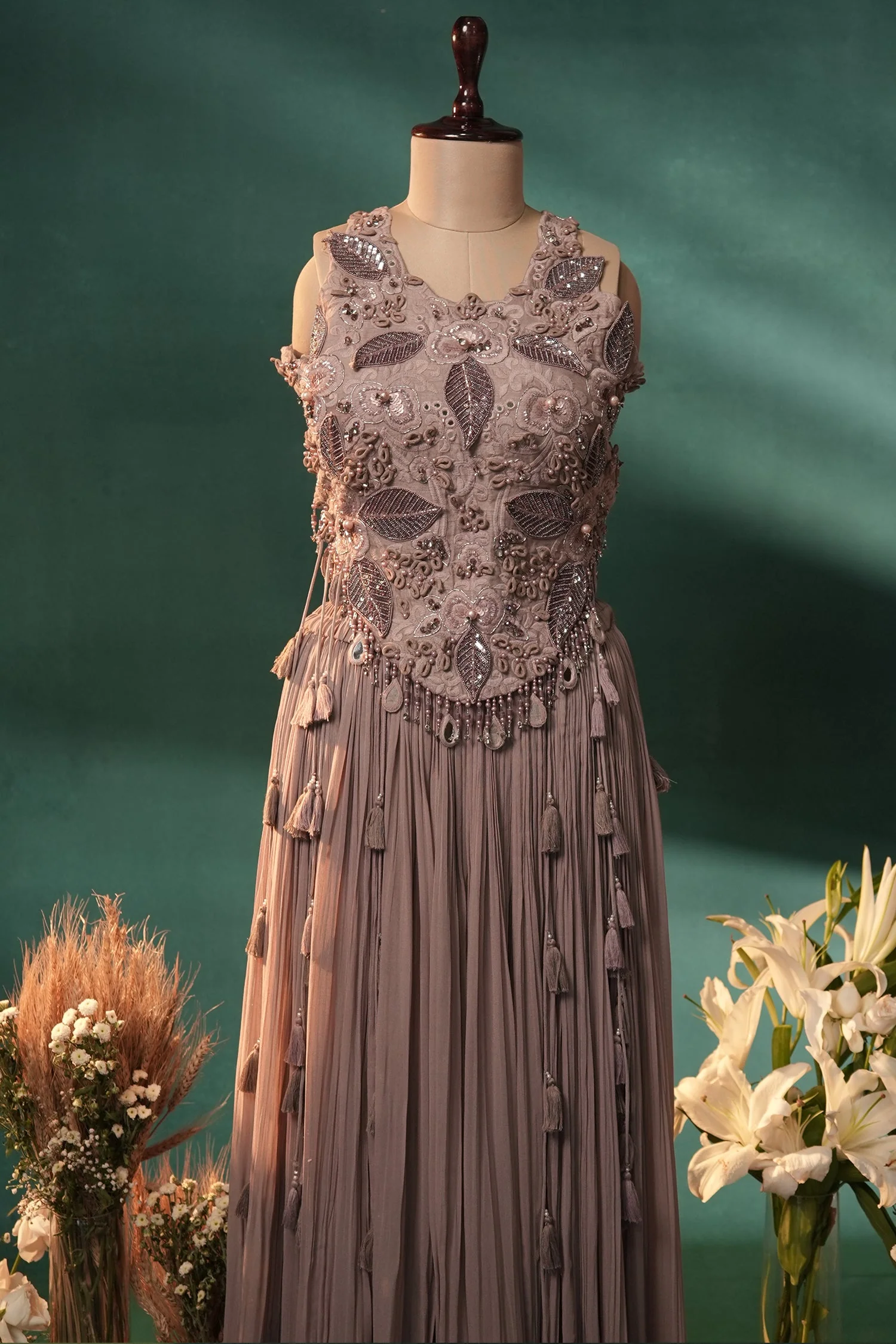 Dusty Mauve Silk Embroidered Beaded Crop Top Palazzo Set - Image 3