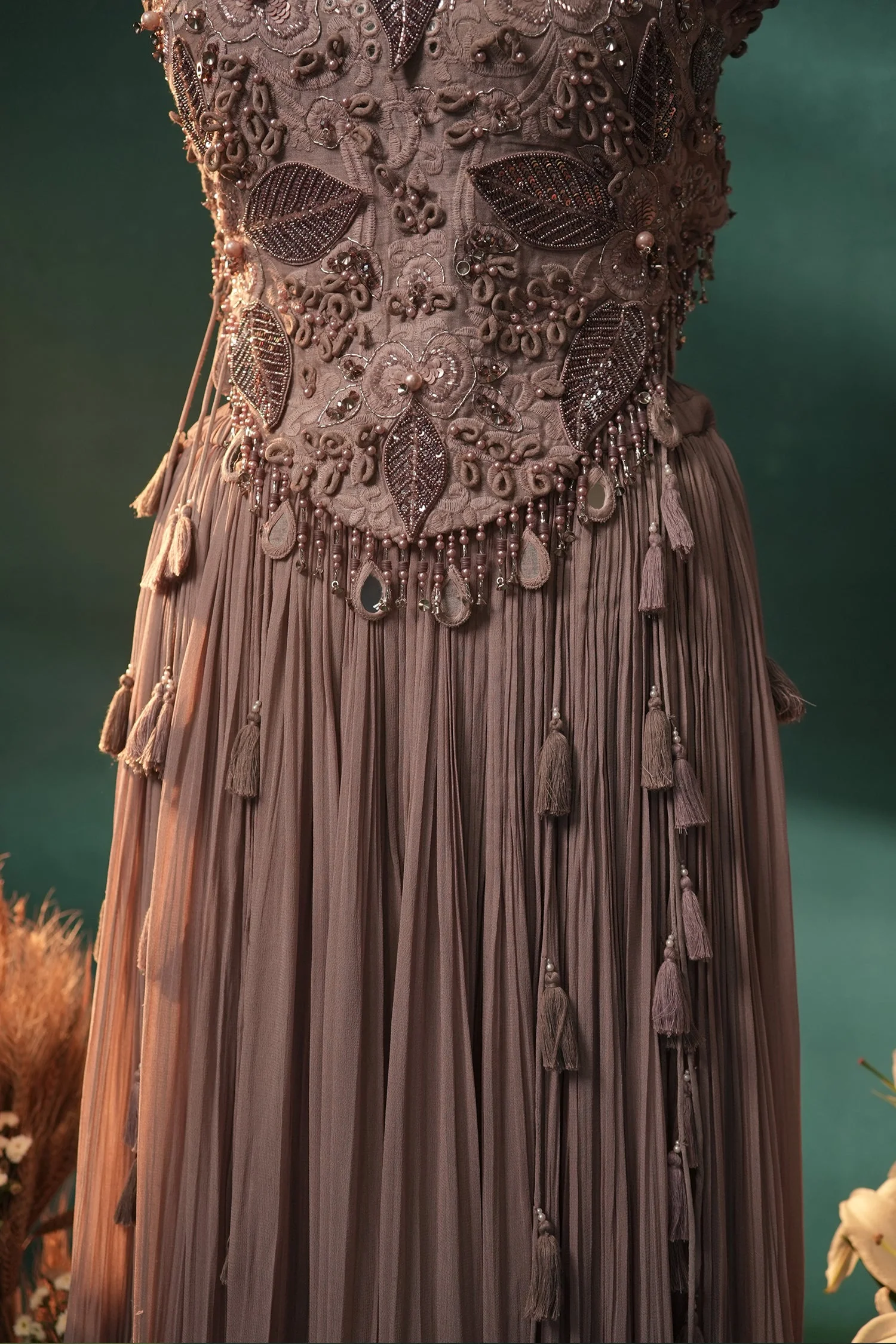 Dusty Mauve Silk Embroidered Beaded Crop Top Palazzo Set - Image 4