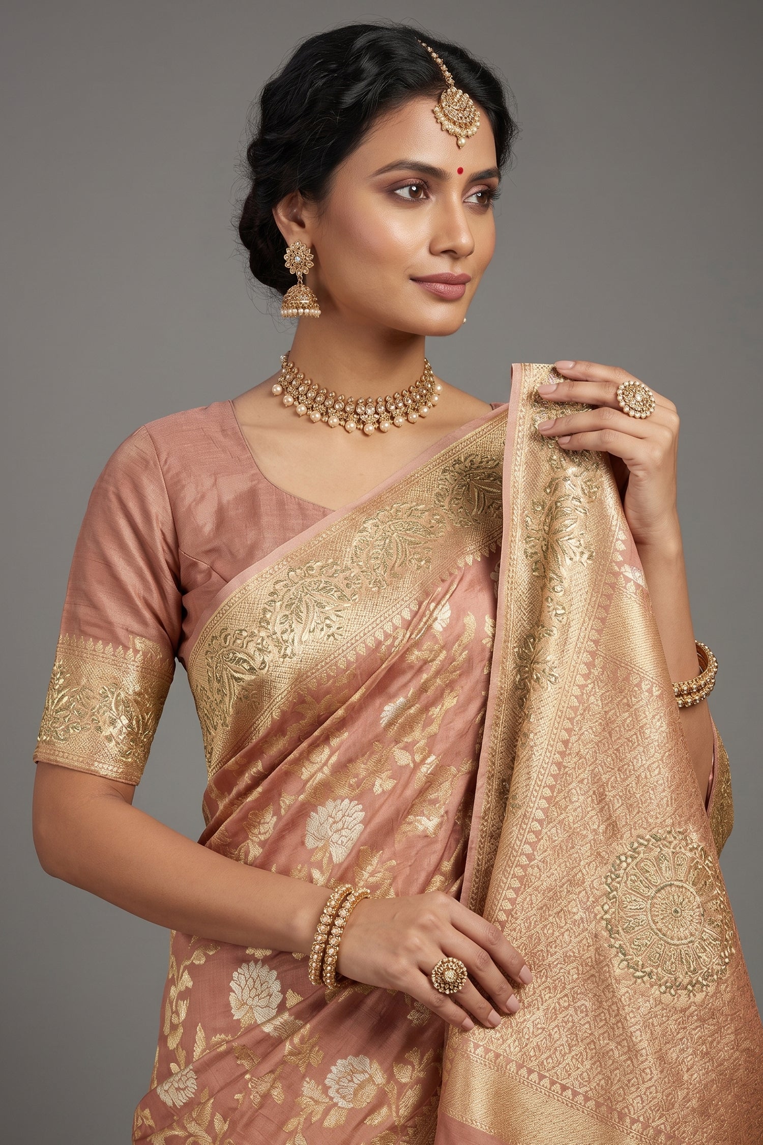 Dusty Peach Banarasi Silk Floral Woven Saree with Gota and Beads Work - Image 2