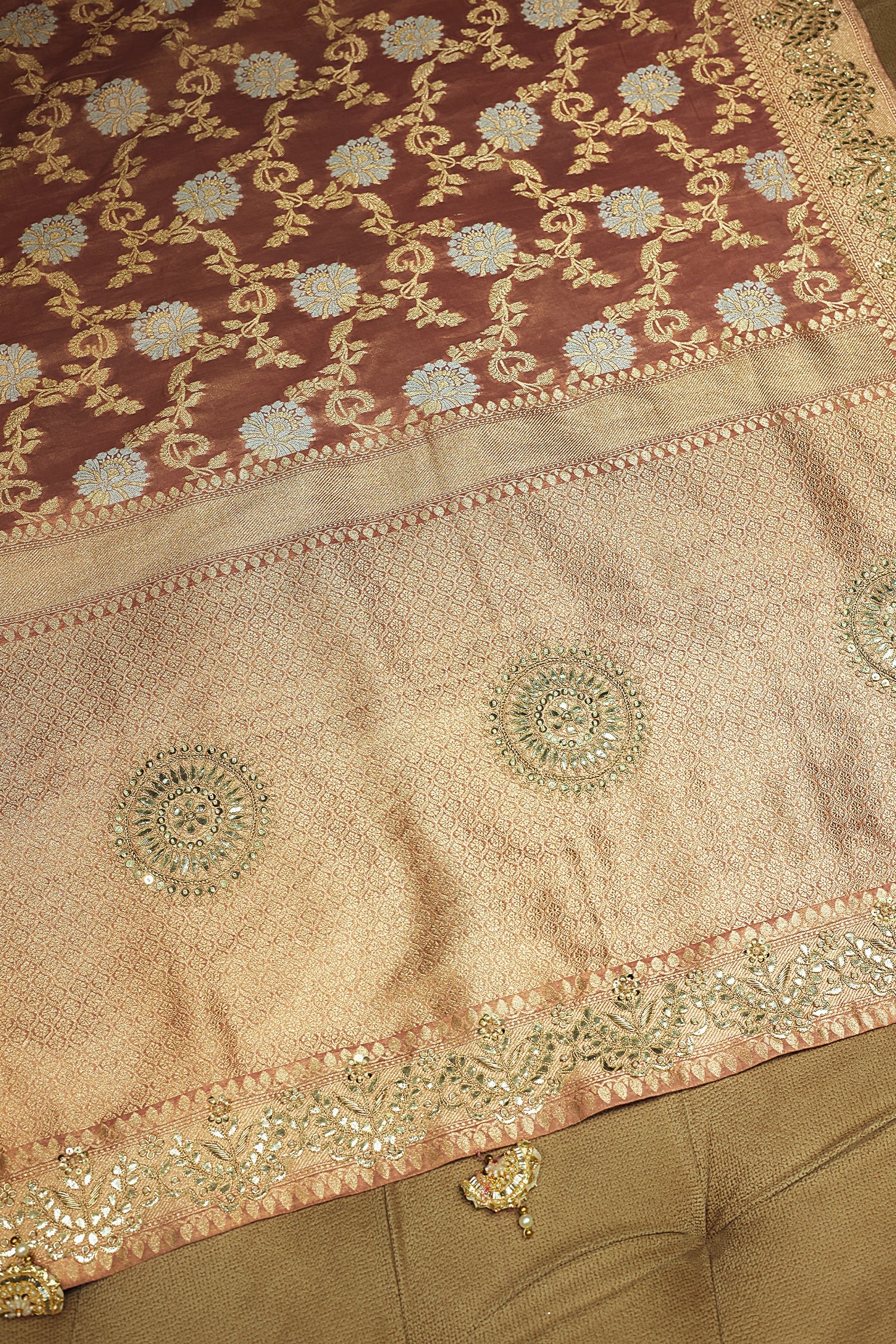 Dusty Peach Banarasi Silk Floral Woven Saree with Gota and Beads Work - Image 6