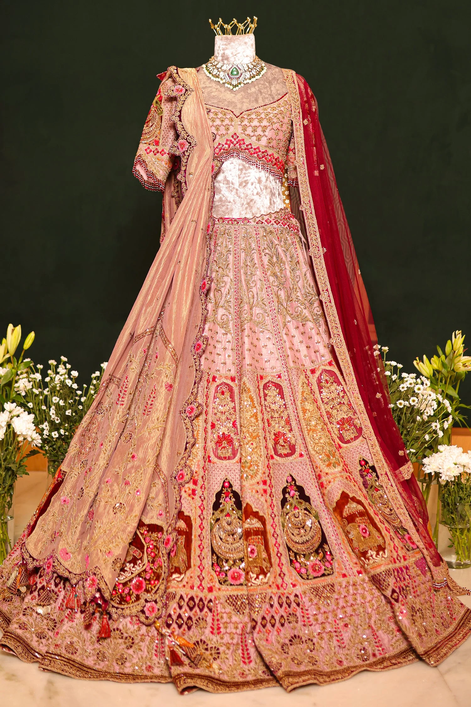 Dusty Pink Silk Zardosi and Velvet Patch Worked Lehenga with Double Dupatta - Image 3