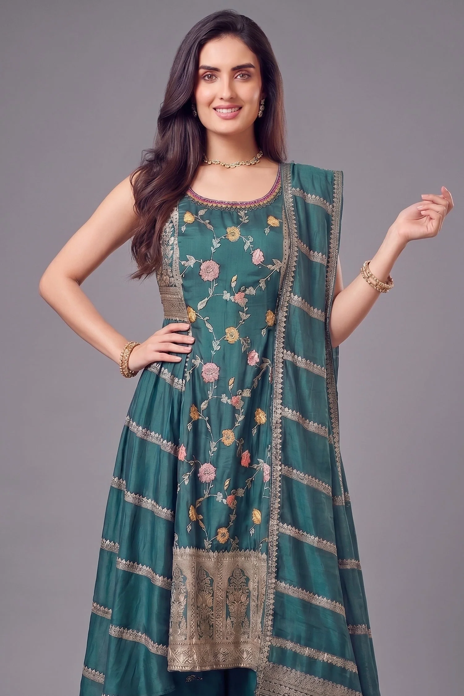 Firozi Chinon Silk Floral Embroidered Palazzo Suit - Image 2