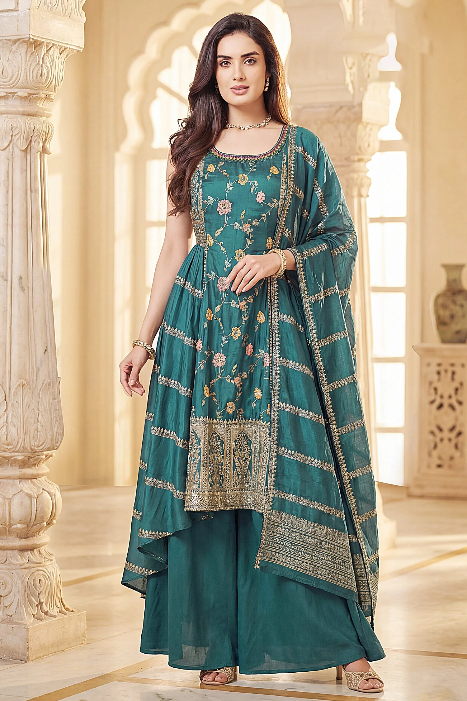 Firozi Chinon Silk Floral Embroidered Palazzo Suit - Image 3