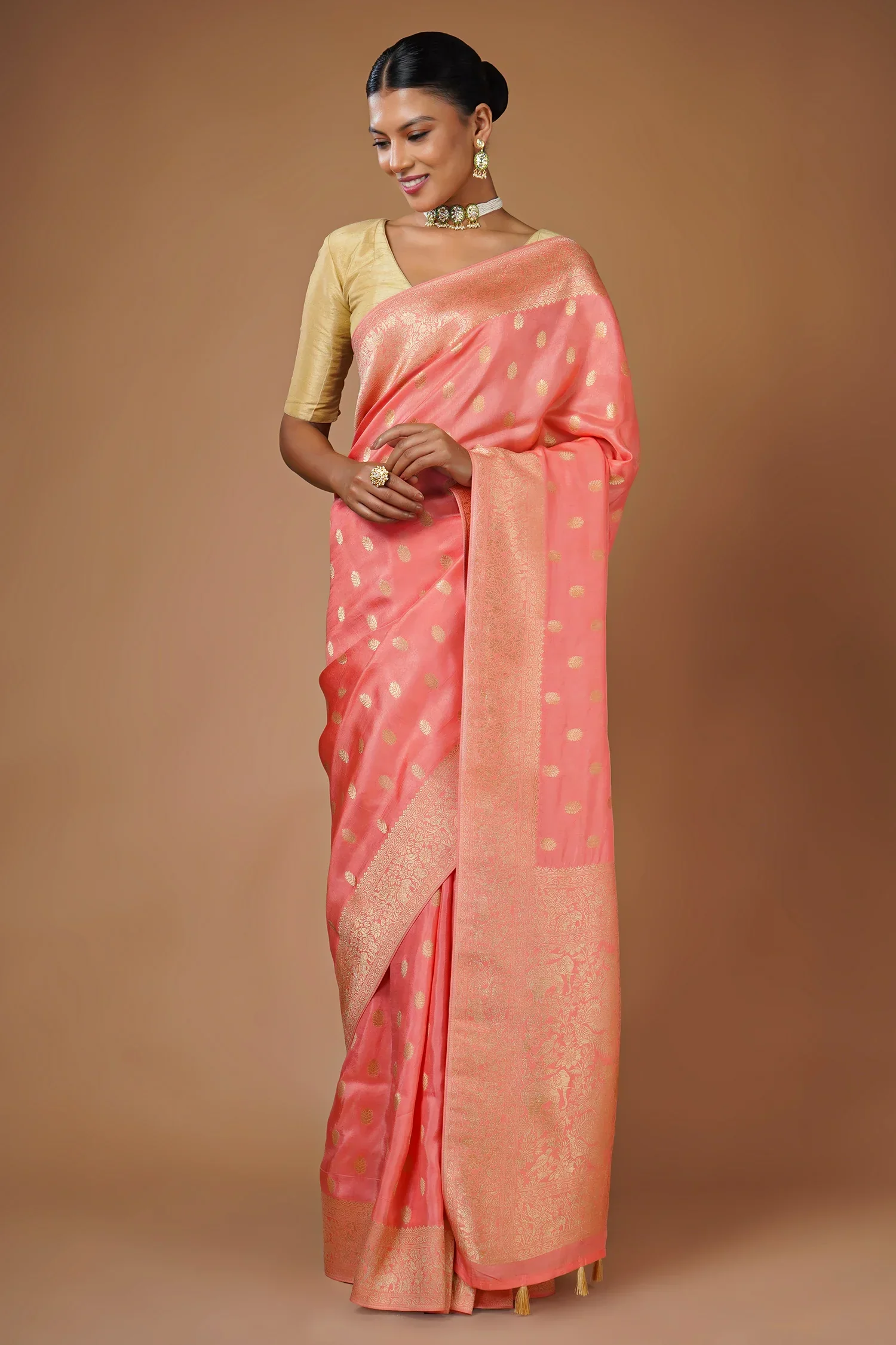 Flamingo Pink Woven Butti Saree in Muga Silk with Elephant and Peacock Motifs - Image 2