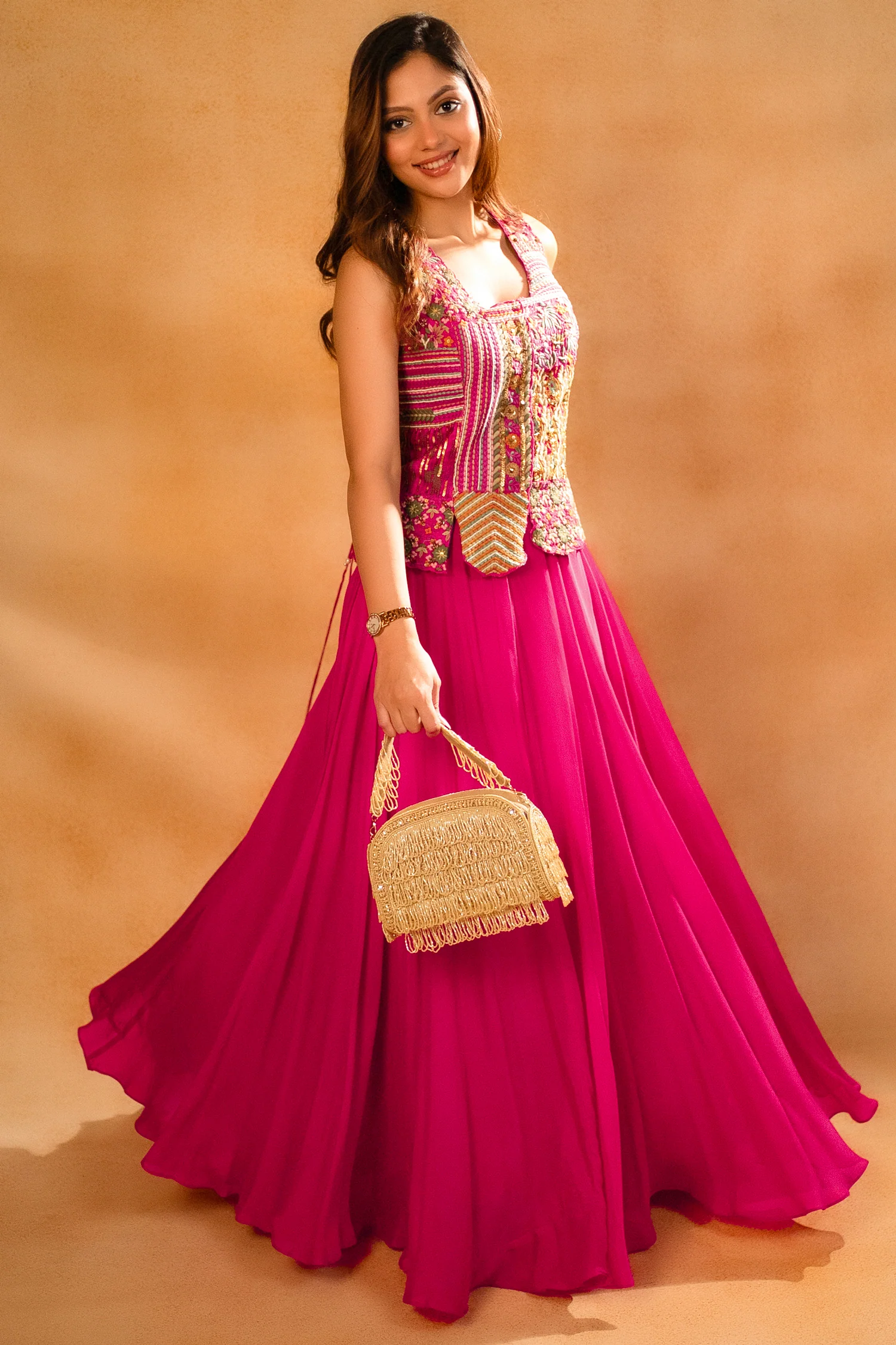 Fuschia Pink Silk Embroidered Top and Palazzo Set - Image 4