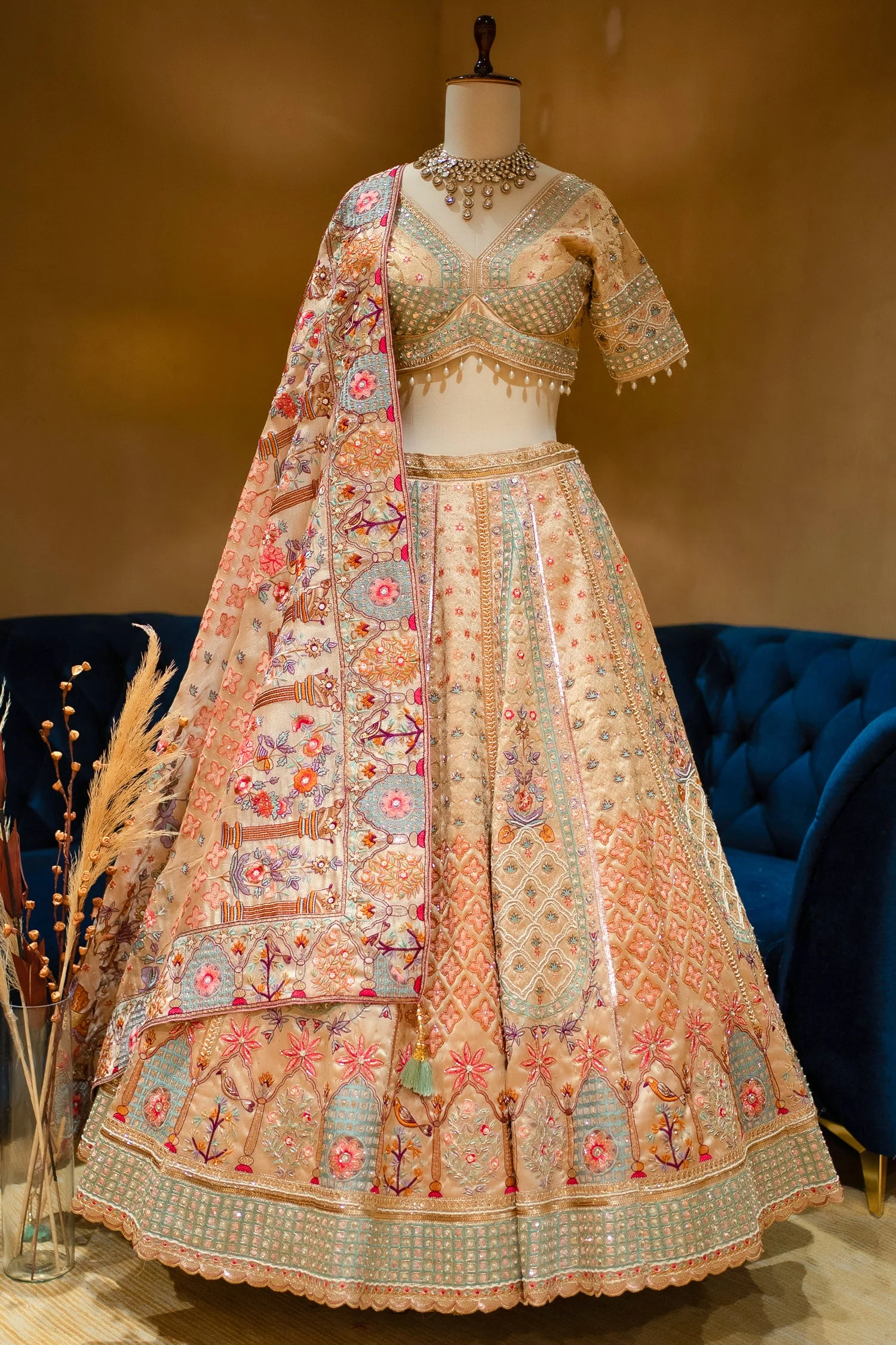 Gilded Floral Tissue Silk Lehenga with Multi-Hue Hand-Embroidery and Architectural Cutdana - Image 3
